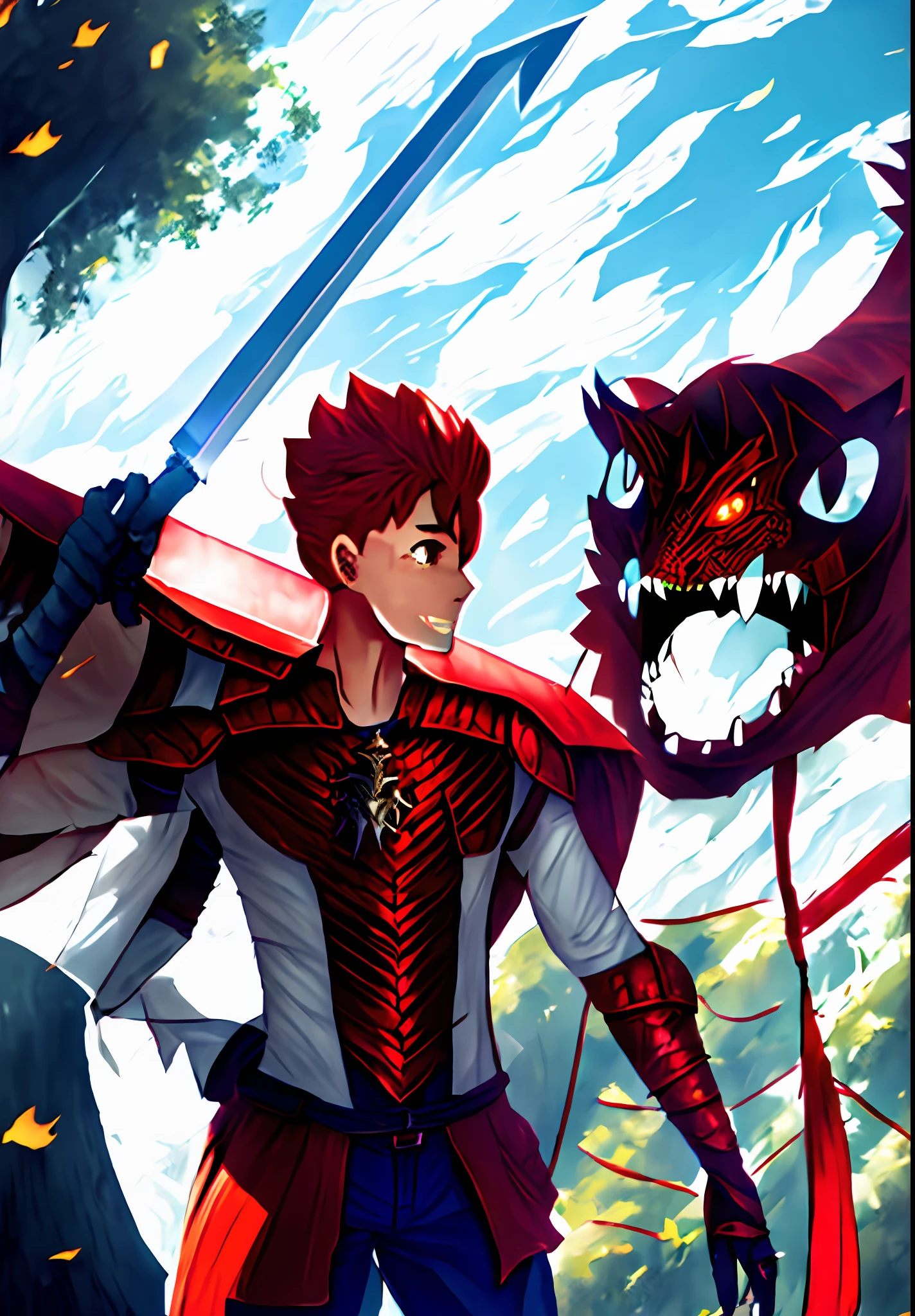 There is a cartoon of a man holding a sword and a dragon, fusion human and dragon, battle with dragon, fighting a dragon, with scaly-looking armor, draconian-looking armor, dragon in the background, like a badass monster hunter, dragon knight, dragon! man, fire battle coloring, dragon slayer, dragon inspired armor,,red hair,platinum red armor,bright golden sword,lighting from the sun,cute dragon,cute young man,anime protagonist