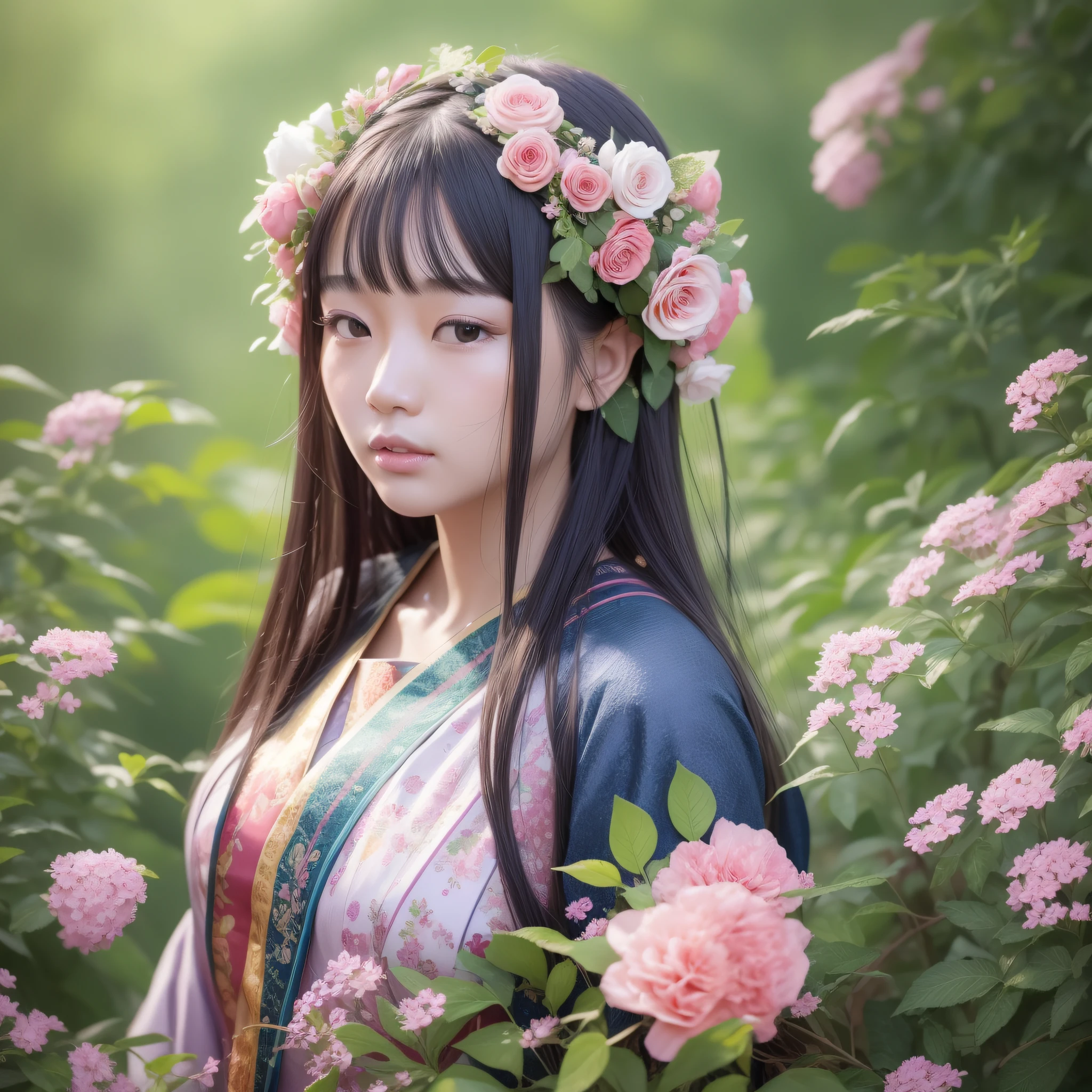 Close up of a woman with flowers in her hair, chinese girl, asian, 4K highly detailed digital art, beautiful digital artwork, beautiful art UHD 4K, beautiful digital illustration, gorgeous digital art, 4K detailed digital art, realistic digital art 4K, beautiful digital art, cute detailed digital art, stunning digital illustration, 8K high quality detailed art