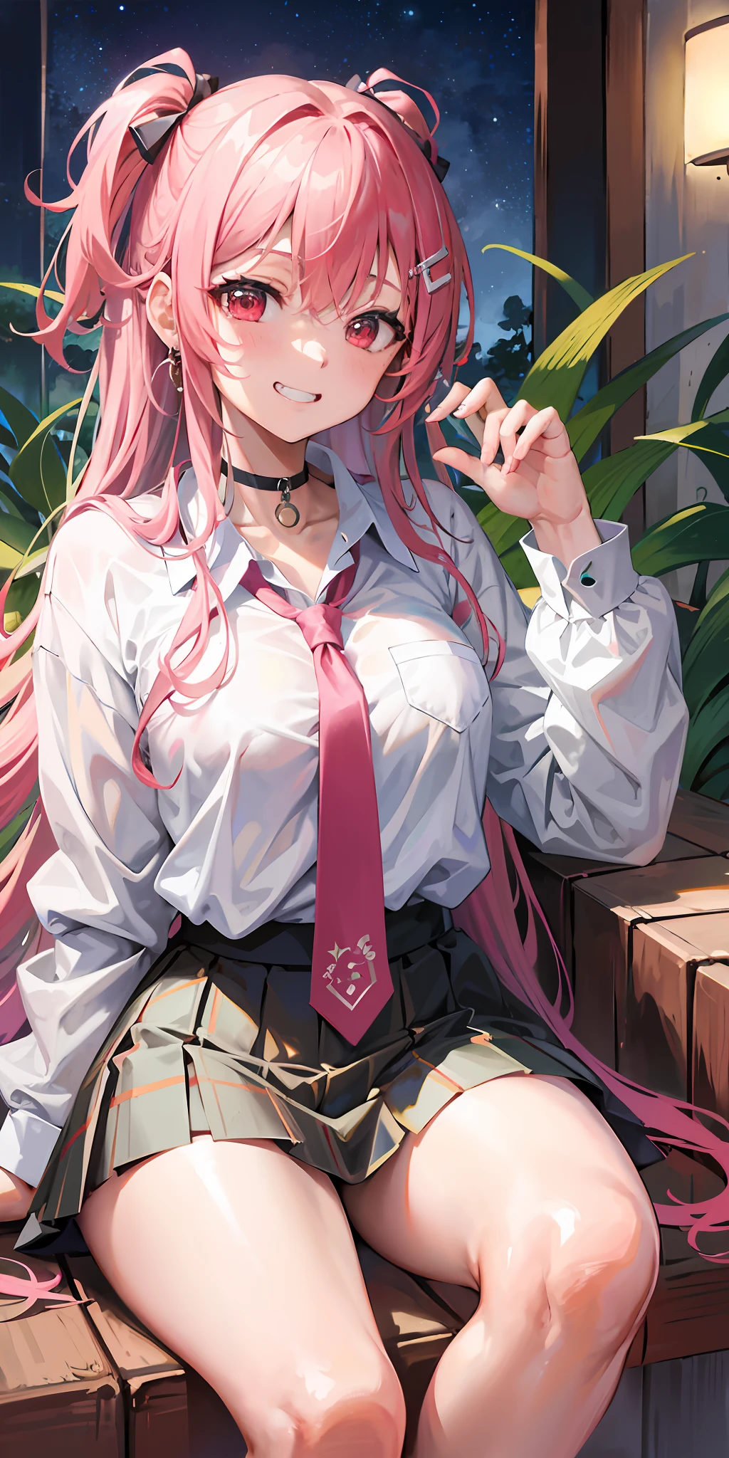 masterpiece, best quality, 1girl, long hair, bored, sitting, feet up, soles, forest 1girl, bangs, choker, necktie, ear piercing, masterpiece, best quality, 1girl, long hair, bored, sitting, feet up, soles, forest <feetPoseAnime_v11:0.6，eyebrows visible through hair, grin, gyaru, jewelry, kogal, long hair, looking at viewer, loose necktie, necktie, piercing, plaid, （比基尼），red eyes, ring, smile, solo, white shirt, 樱花树下，樱花盛开，nsfw，清澈见底湖水旁，金发，渐变头发，皎洁的月光，（美丽的夜晚）粉色乳晕，露出三角内裤，全身湿透，（两侧马尾辫），night（粉发），双马尾