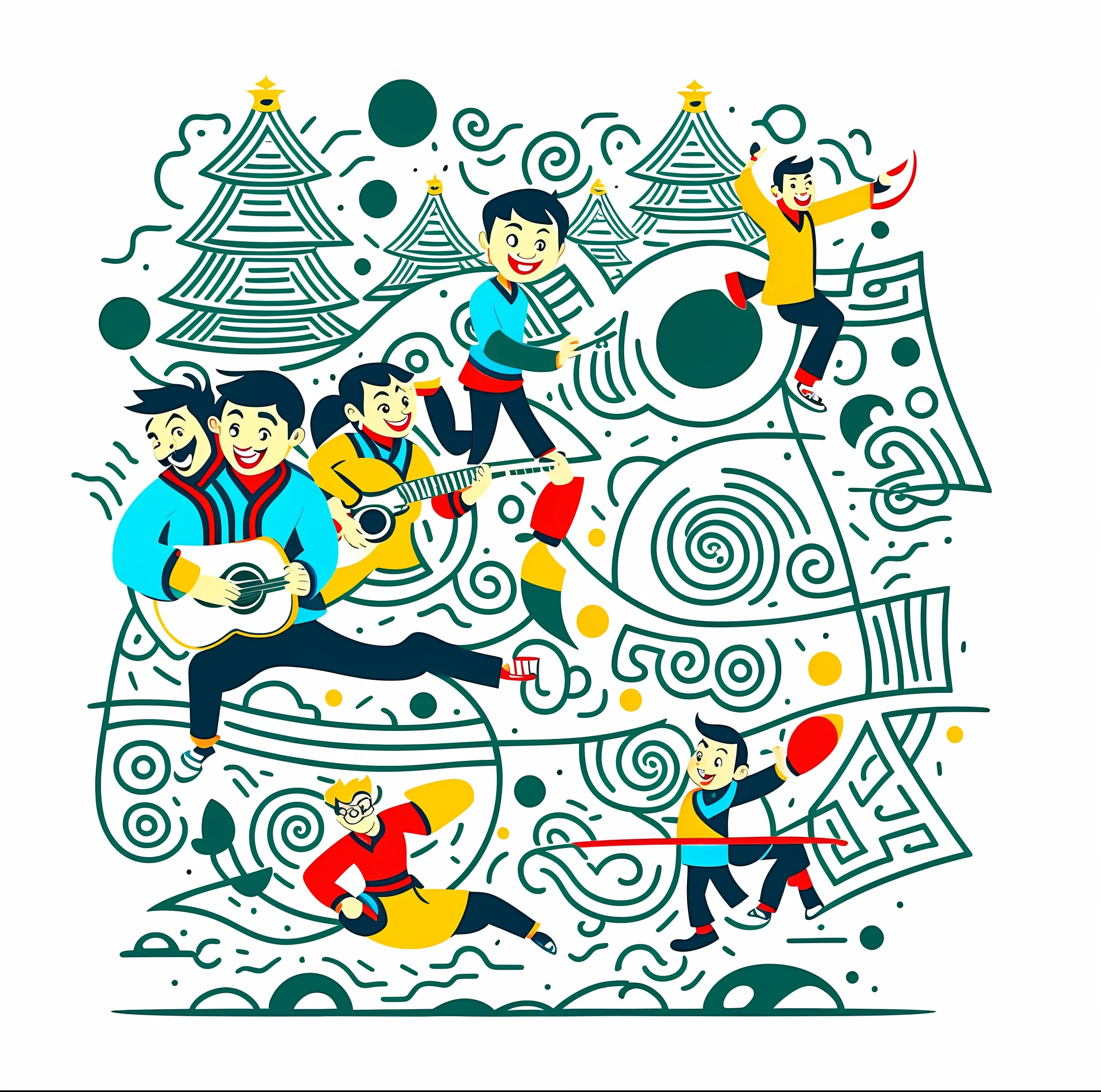 There are 6 cartoon characters in the big pattern, there is a host in front, dancing in the back, playing guitar, playing taekwondo, next to the host there is drawing, there is calligraphy, there should be an active atmosphere, vector, line art, design, inspiration, straight line, T-shirt pattern, pattern illustration color