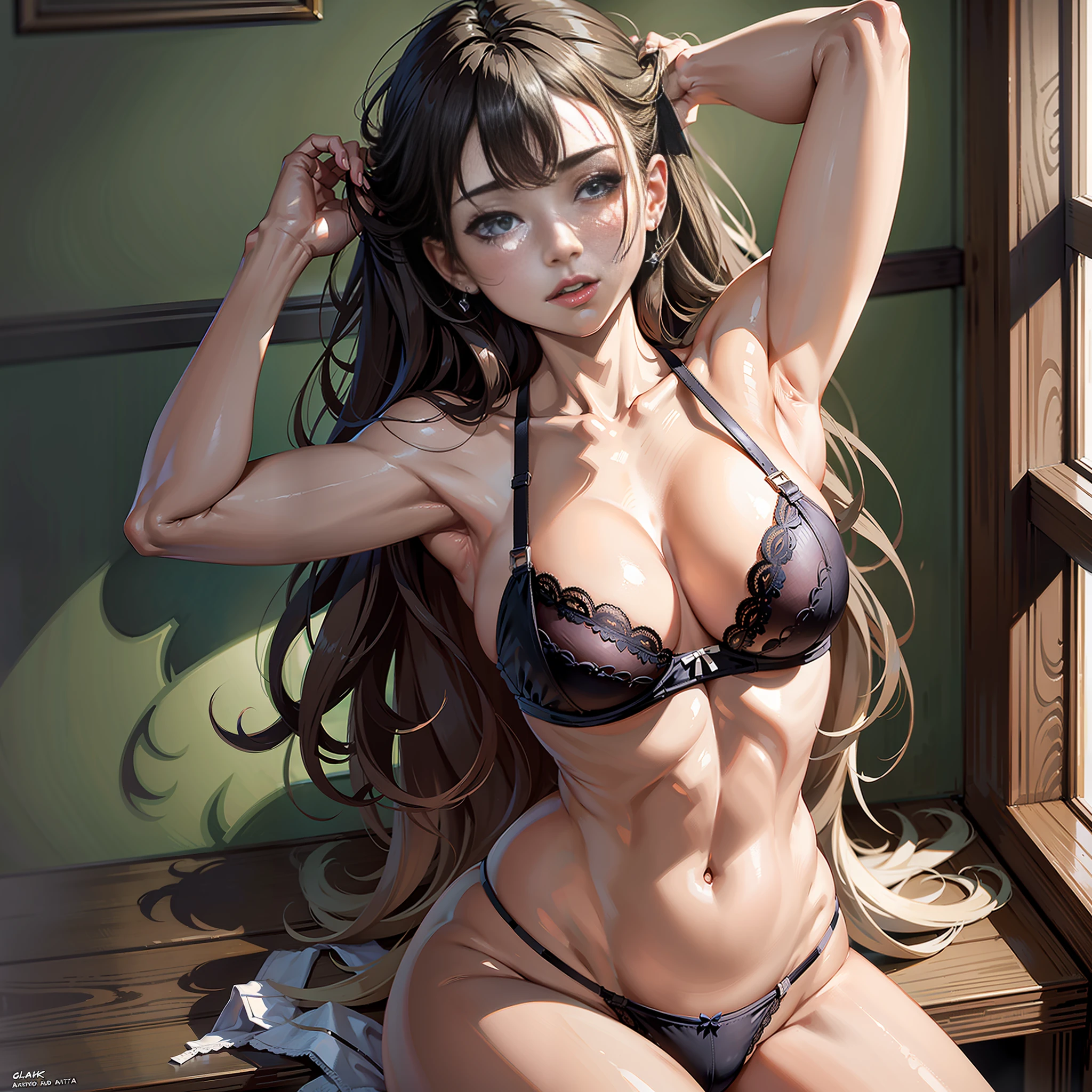 Masterpiece, Best Quality, High Resolution, Solo, Beautiful, Indoors, Out-of-Position Bra, Side Tie Thong, Lying Down, From Top, With Open Arms, Two Thighs Exaggerated, Lust, Bed, Disheveled Underwear, Heavy Breathing, Sexual Expression
