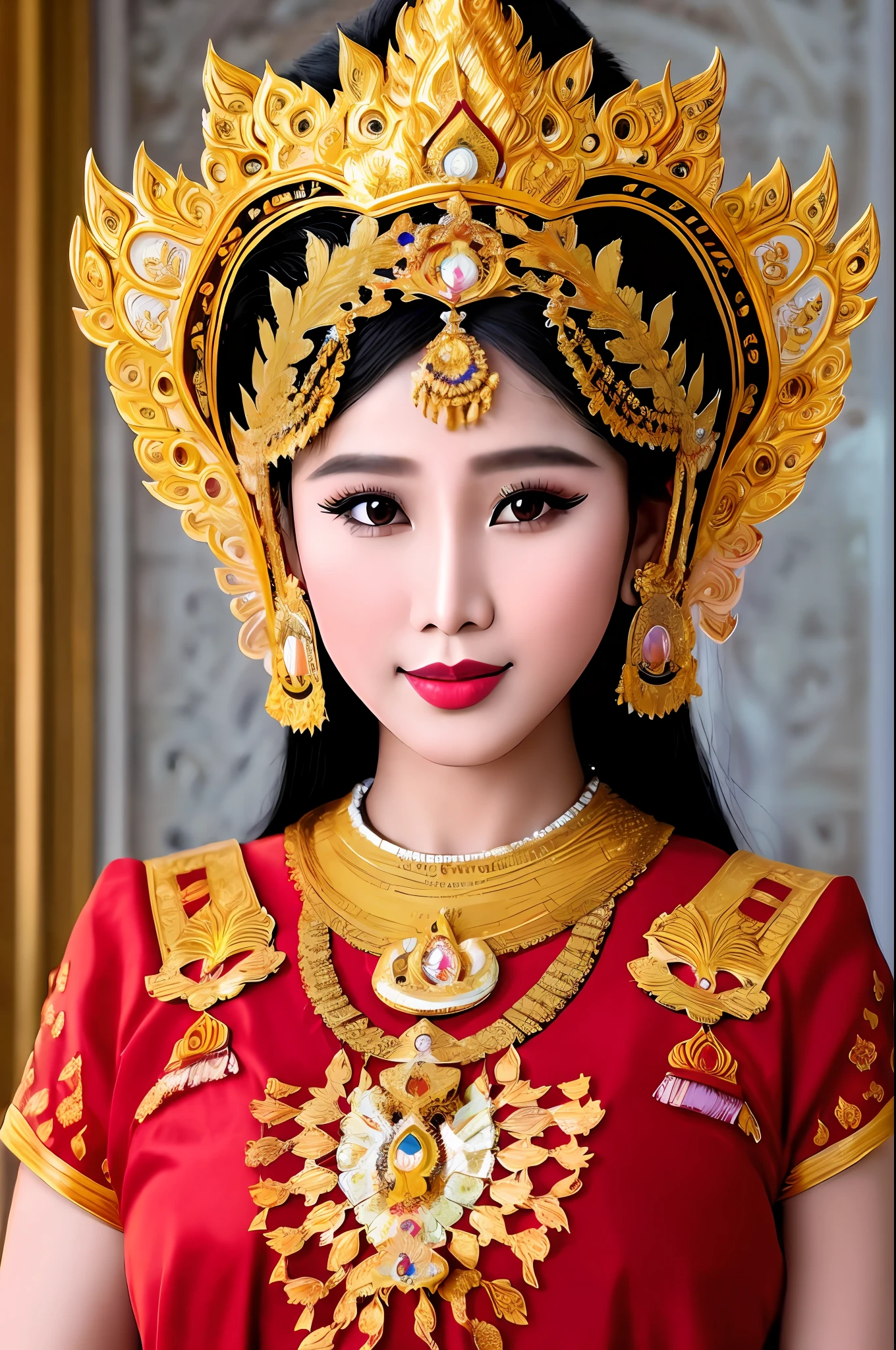 representation through art of the concept Myanmar, beautiful images of Myanmar traditions, thai culture, traditional Myanmar dance, royal palace - grand place, , looking forward, top of the body, face forward, majestic images -, cartoon style