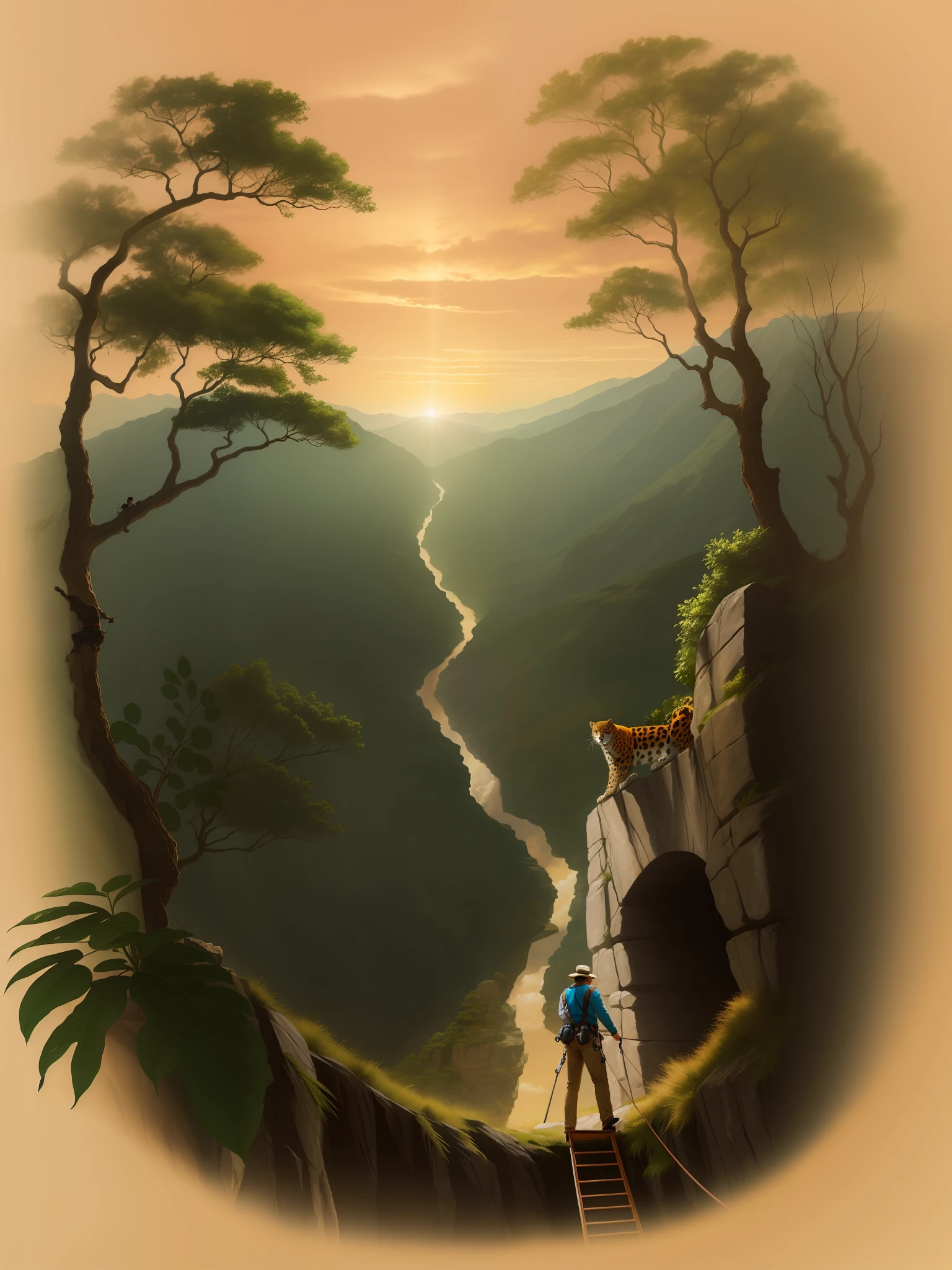 A climber and a jaguar near a rock