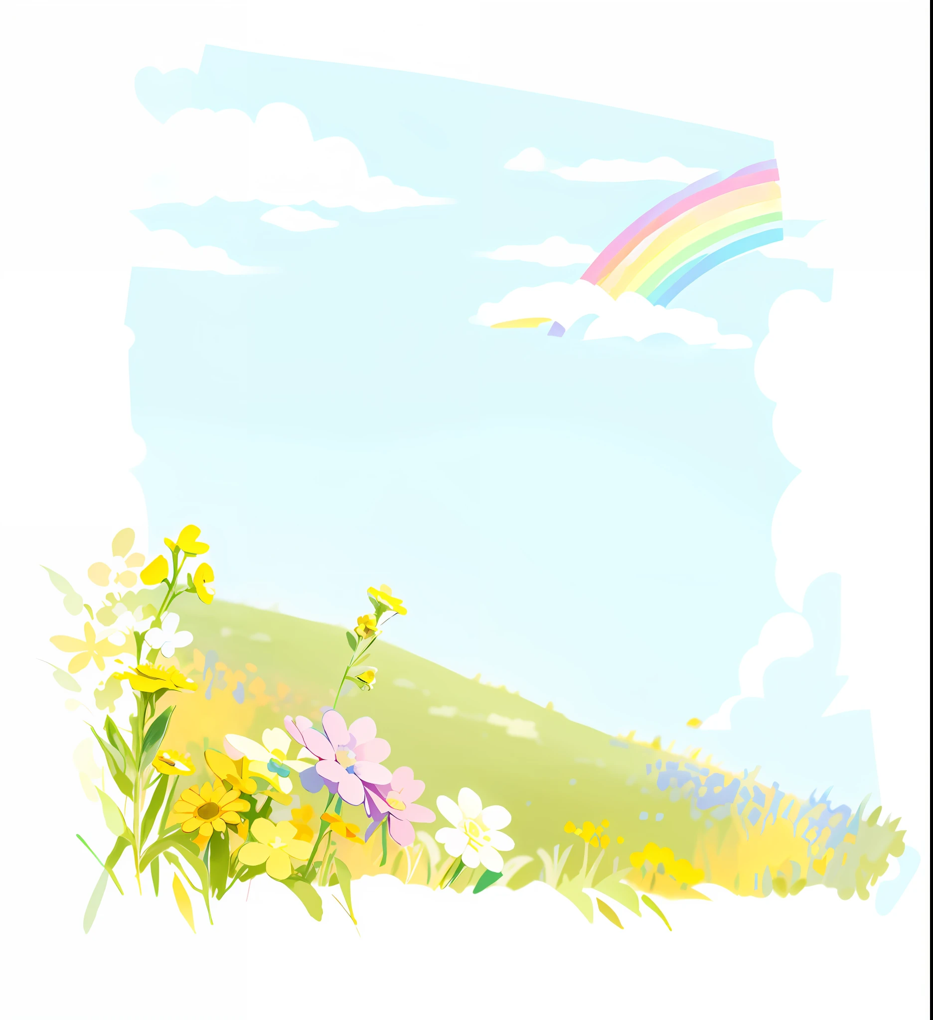 There is a rainbow picture of rainbow over the field, rainbow BG, blurry and dreamy illustration, colorful sketch, blurry and dreamy illustration, pastel rainbow, meadow in background, bright landscape, rainbow in the sky, field background, pastel simple art, rainbow, blue sky, painted with Microsoft paint, bubbling landscape, on a sunny day, HD, clear, correct, in front of small yellow flowers behind meadows and bright sky
