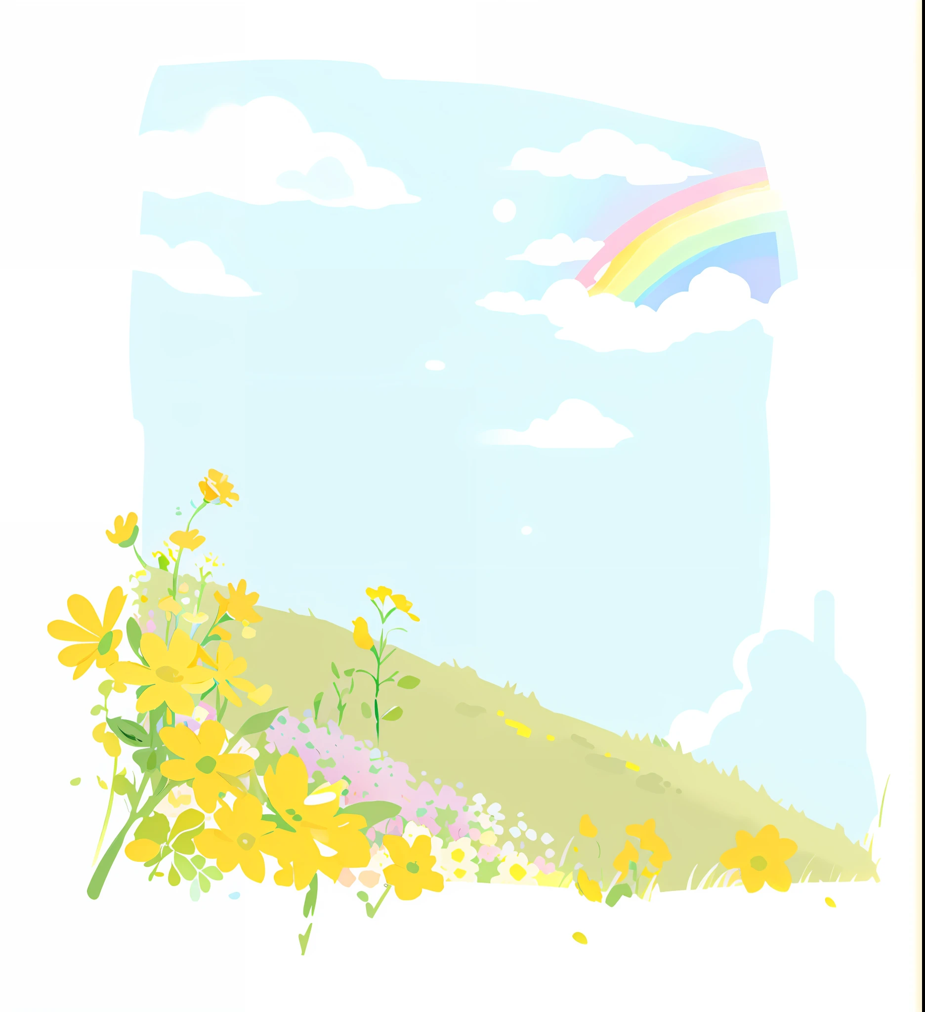 There is a rainbow picture of rainbow over the field, rainbow BG, blurry and dreamy illustration, colorful sketch, blurry and dreamy illustration, pastel rainbow, meadow in background, bright landscape, rainbow in the sky, field background, pastel simple art, rainbow, blue sky, painted with Microsoft paint, bubbling landscape, on a sunny day, HD, clear, correct, in front of small yellow flowers behind meadows and bright sky