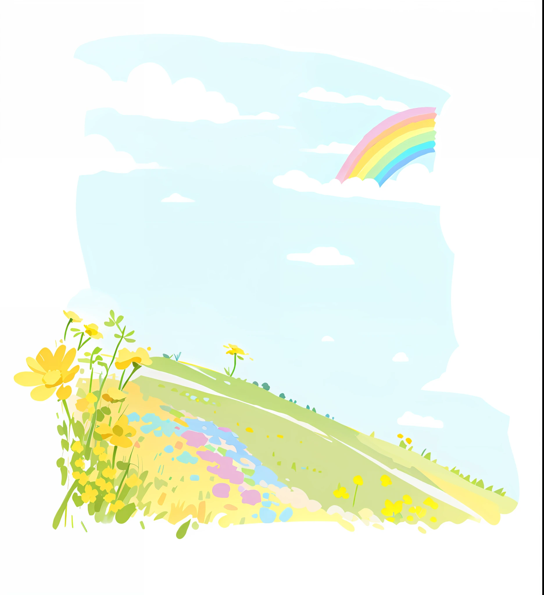 There is a rainbow picture of rainbow over the field, rainbow BG, blurry and dreamy illustration, colorful sketch, blurry and dreamy illustration, pastel rainbow, meadow in background, bright landscape, rainbow in the sky, field background, pastel simple art, rainbow, blue sky, painted with Microsoft paint, bubbling landscape, on a sunny day, HD, clear, correct, in front of small yellow flowers behind meadows and bright sky
