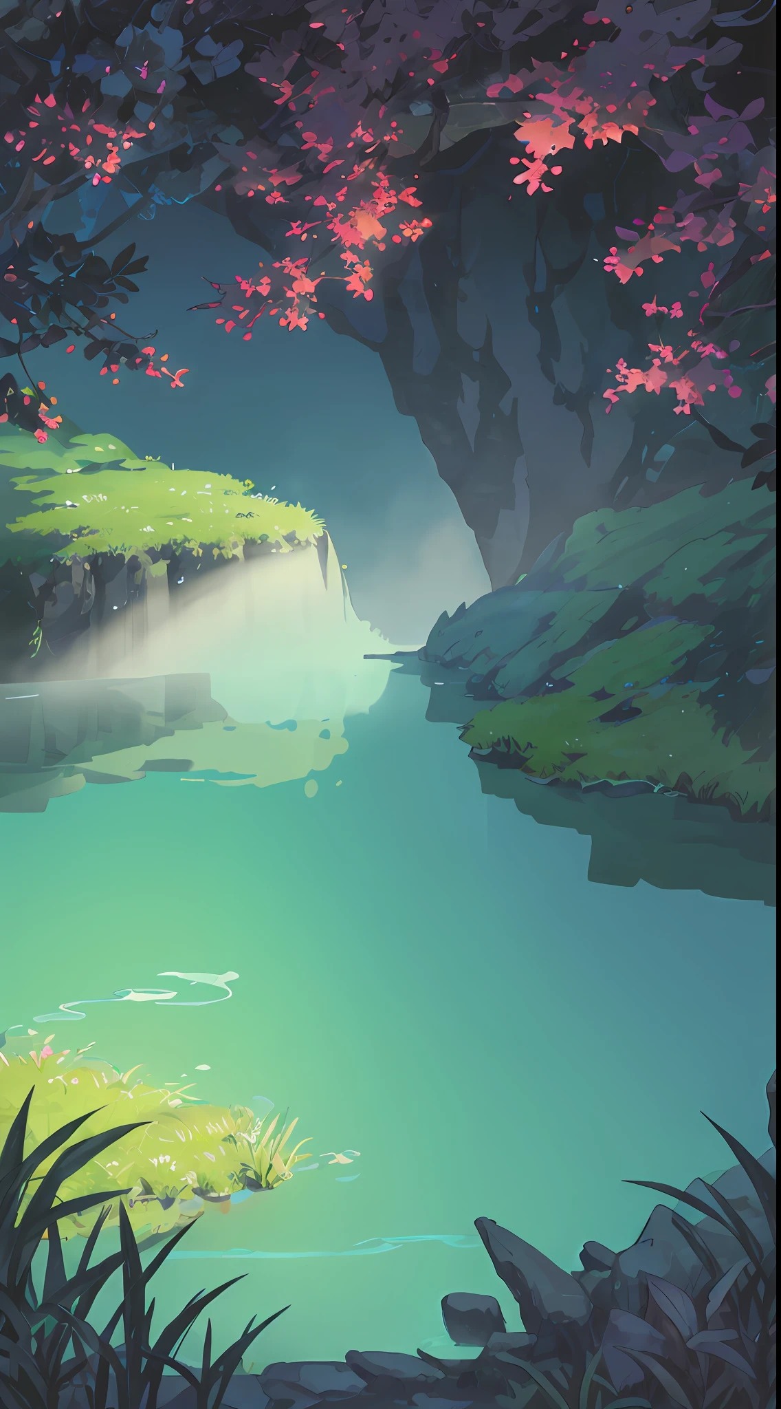 Hot springs, heat, water vapor, waterfalls, ancient Chinese times, jungles, lakes, caves, trees, meadows, night (illustration: 1.0), epic composition, realistic lighting, HD details, masterpieces, best quality, (very detailed CG unified 8k wallpaper)