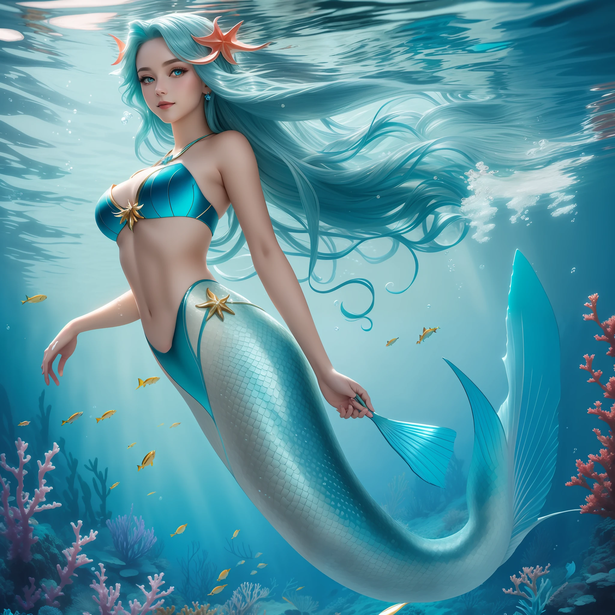 (Masterpiece) 8K resolution, mermaid princess, beauty swimming underwater, beautiful tail fin, ash blue long hair with coral decoration, hazel eyes, turquoise eyes, gentle smile, model style, fantasy style,