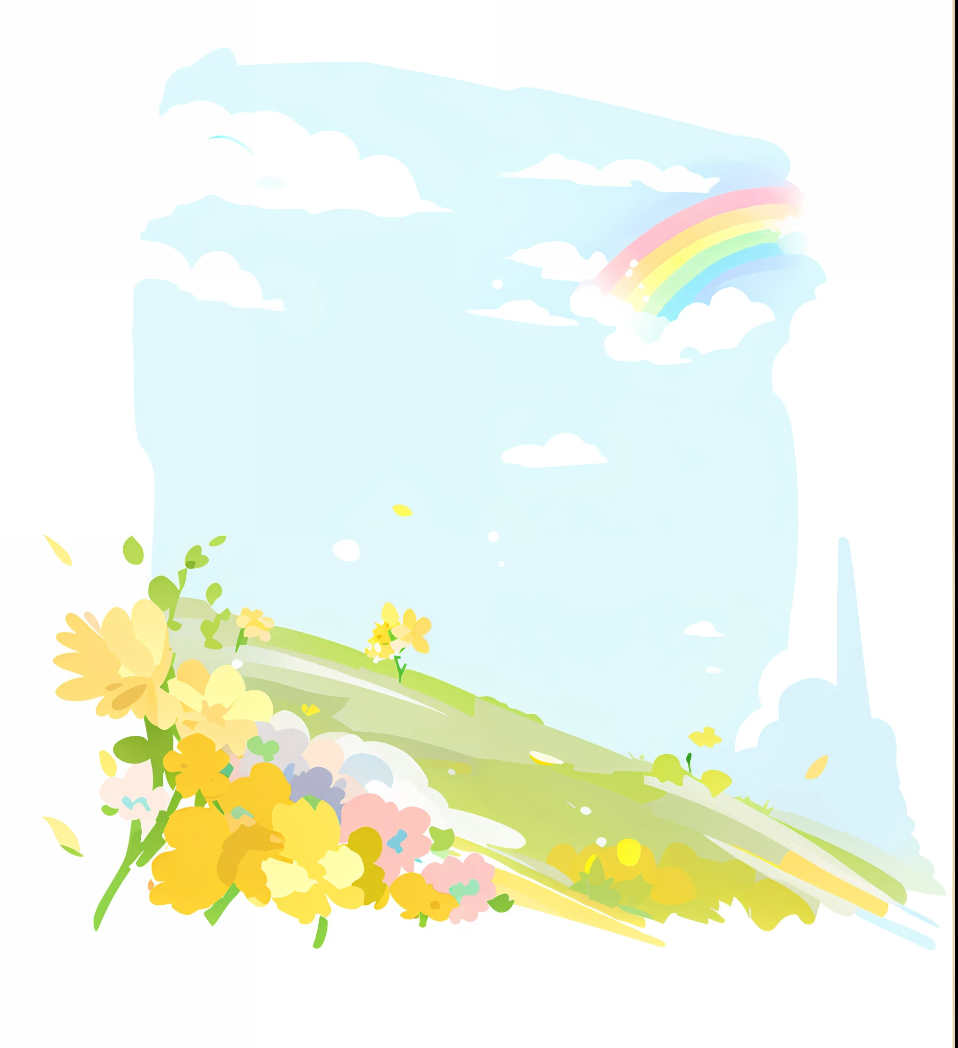 There is a rainbow picture of rainbow over the field, rainbow BG, blurry and dreamy illustration, colorful sketch, blurry and dreamy illustration, pastel rainbow, meadow in background, bright landscape, rainbow in the sky, field background, pastel simple art, rainbow, blue sky, painted with Microsoft paint, bubbling landscape, on a sunny day, HD, clear, correct, in front of small yellow flowers behind meadows and bright sky