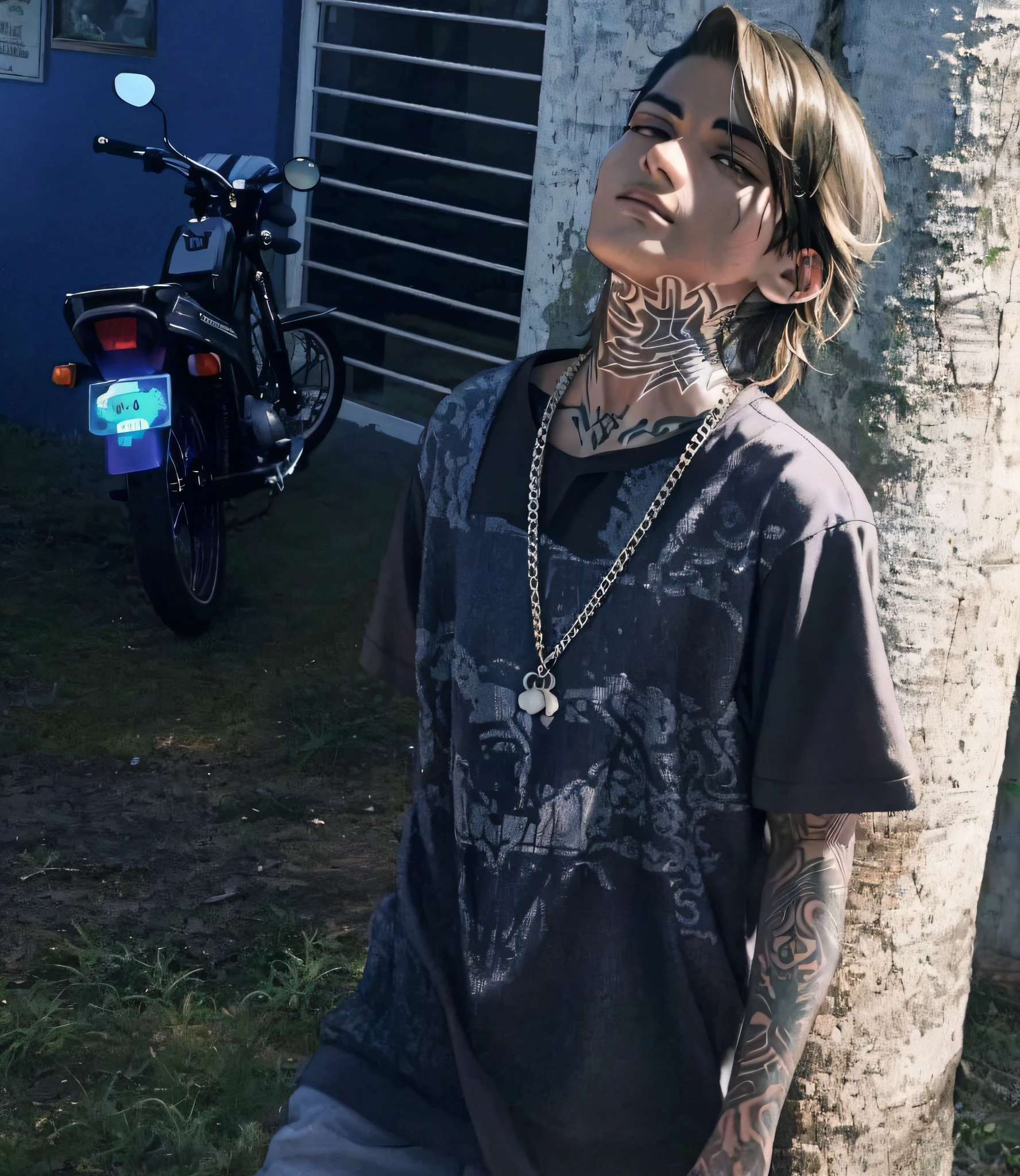 arafed man with a tattoo on his neck leaning against a tree, wearing shipibo tattoos, xxxtentacion, style of seb mckinnon, in style of chrome hearts, zigor samaniego style, 1 6 years old, inspired by Byron Galvez, lil peep, mateus 9 5, lowrider style, deiv calviz