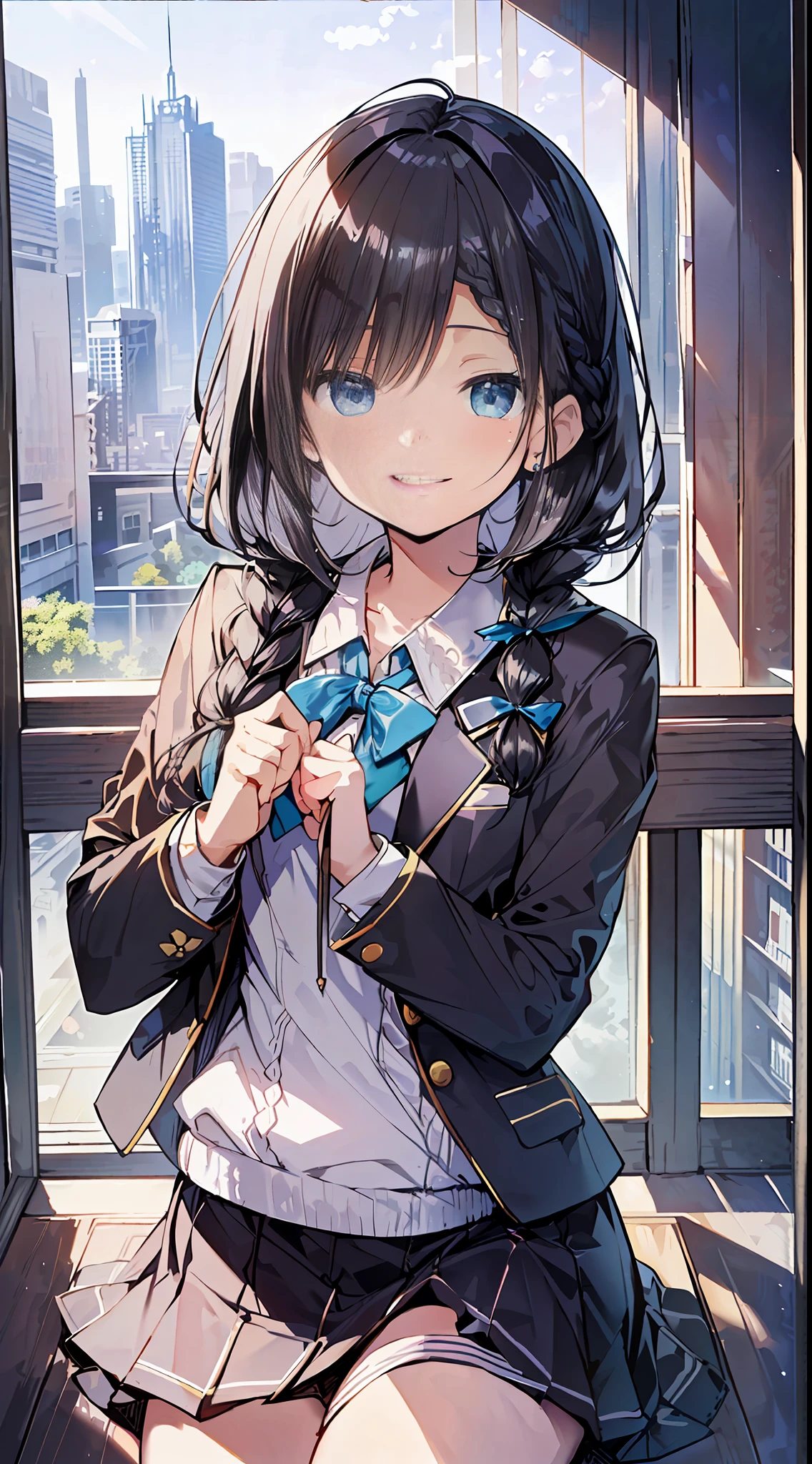 (Incredibly Absurdres Absolutely Resolution: 1.5), Top Quality, Masterpiece, Ultra High Definition, 8k, Early Summer, (School Uniform, Blazer), Shojo Manga Style, Loli, Soft Line Art, Digital Enhancement, Shojo Manga Touch, Shojo Manga Core, (((Hair length to shoulder)))), (((Short braid)) ), soft drawing, fluffy, soft, beautiful black hair, clear eyes, (((gentle smile)), ultra-detailed digital anime art, clear face depiction, ultra-detailed shojo manga character art, clear facial features, manga style, top quality color, delicate, staring at us head-on, hand gestures, angle that can see up to your feet, classroom, entangle, beautiful and aesthetic:1.3、High quality:1.3