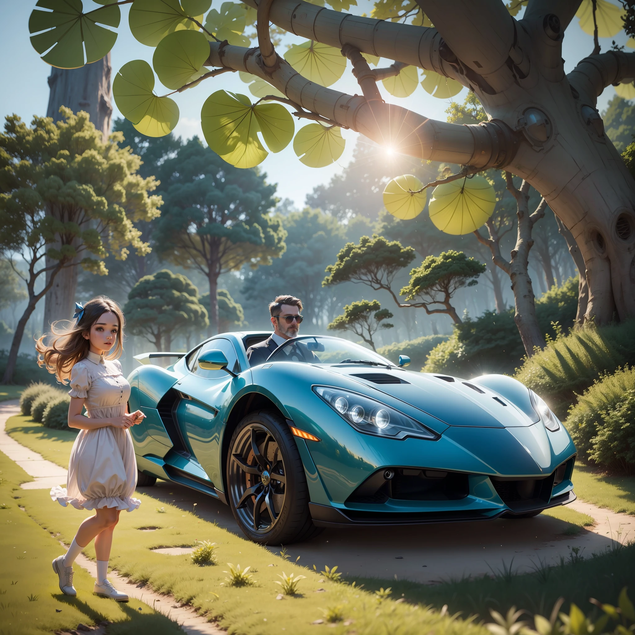 Happy father and daughter strolling in the enchanted forest with a futuristic super car that flies. --auto --s2
