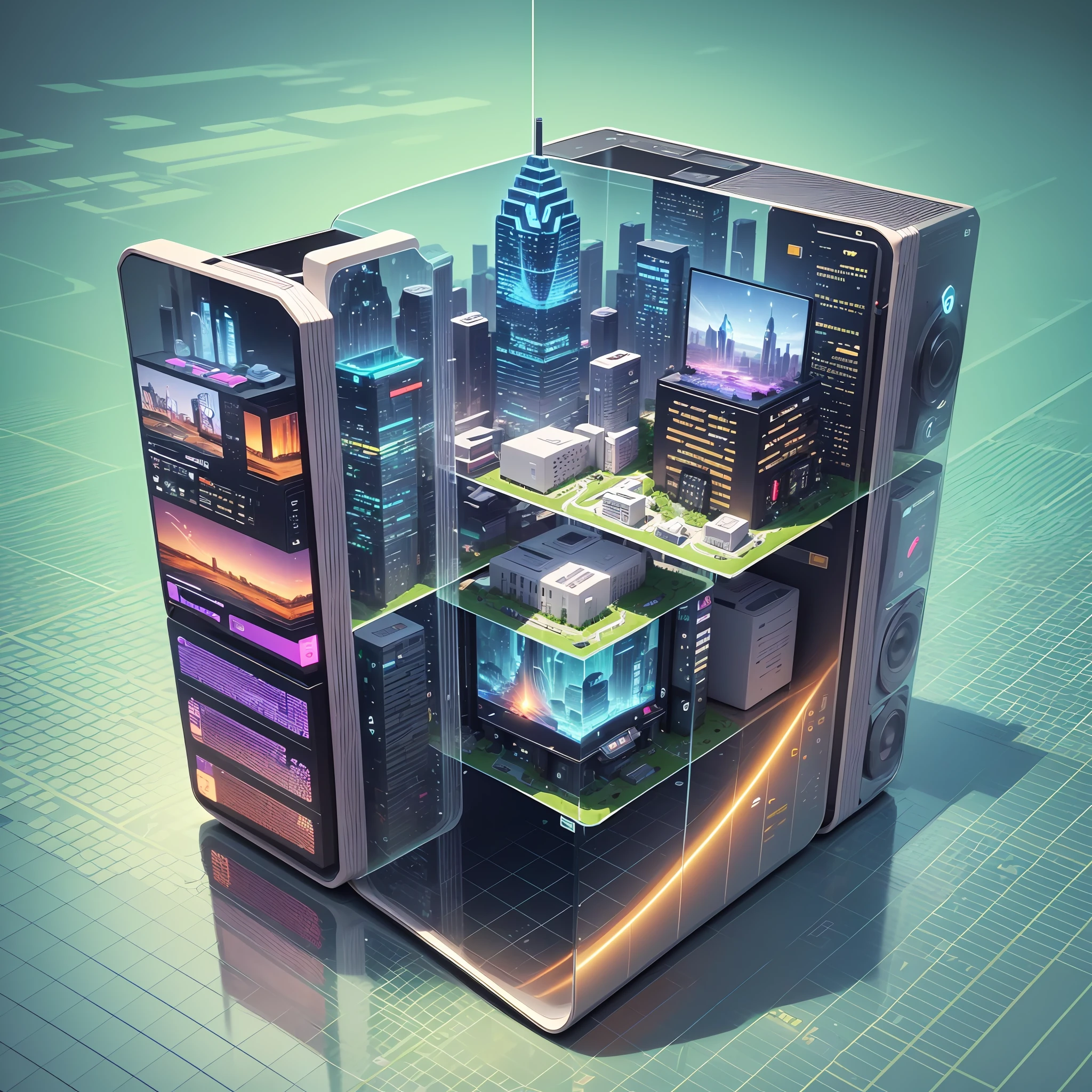 Computer, server, cloud computing, Internet, smart city, best quality , blind box toy style, high detail, ray tracing, stereogram, three sided view, Op art, 8k, high details, high quality, 8k, masterpiece, ccurate --auto --s2