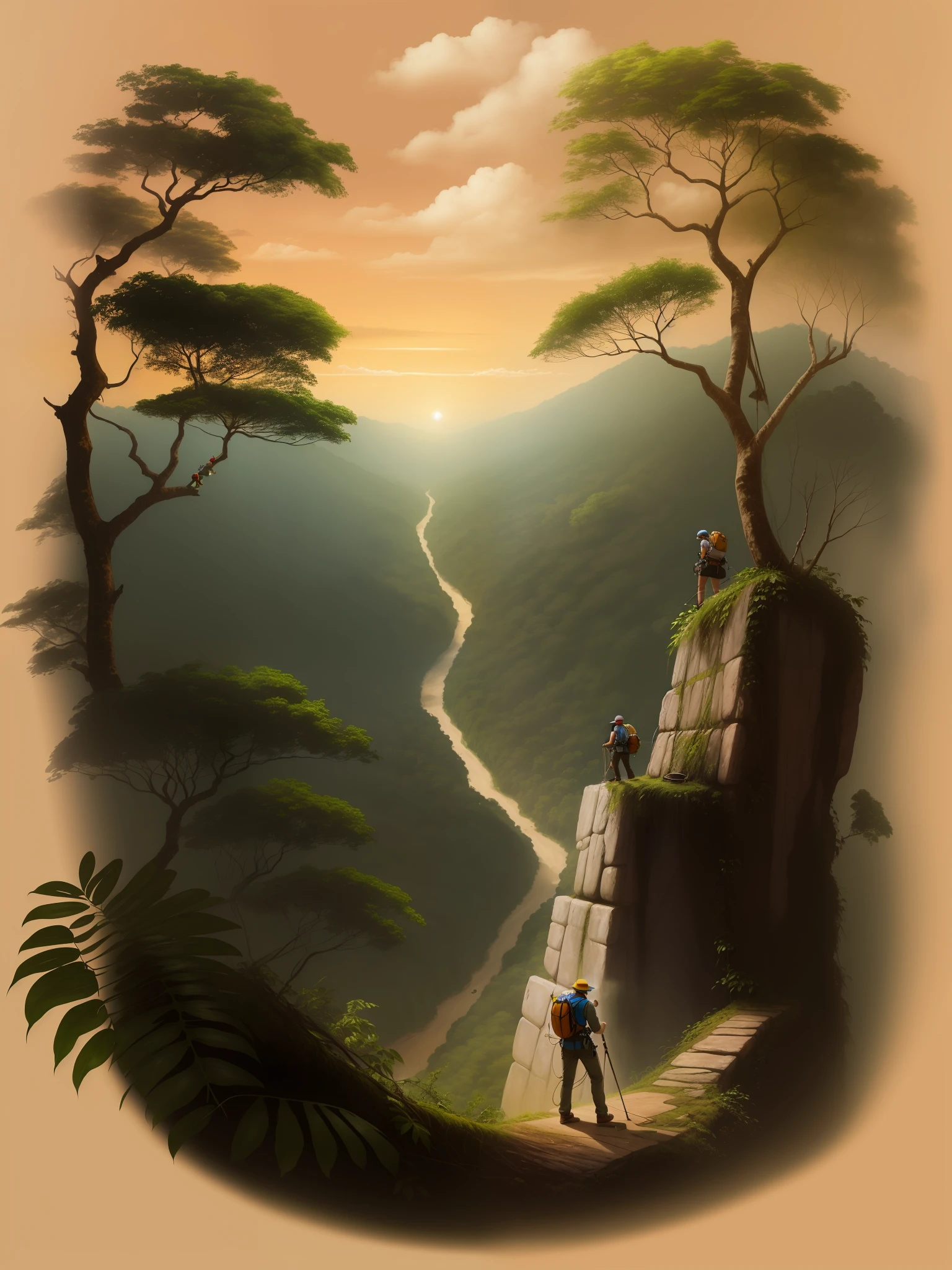 A climber with equipment and a jaguar in the Amazon rainforest, no bugs and no deformations