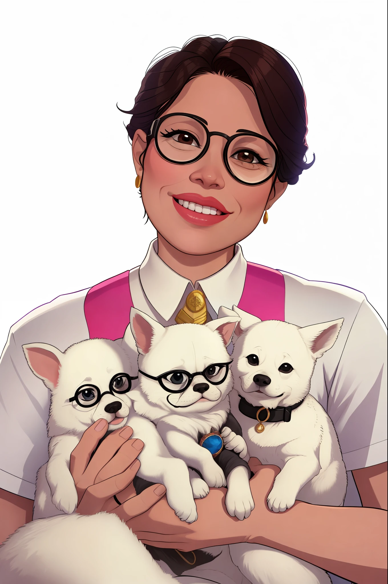 there is a woman holding three chihuhaua dogs in her arms, with round glasses, by Nándor Katona, malika favre, by Miroslava Sviridova, by Judith Gutierrez, by Amelia Peláez, by Nishida Shun'ei, by Verónica Ruiz de Velasco, Nancy Grossman, Fernanda Suarez, white background, high quality portrait
