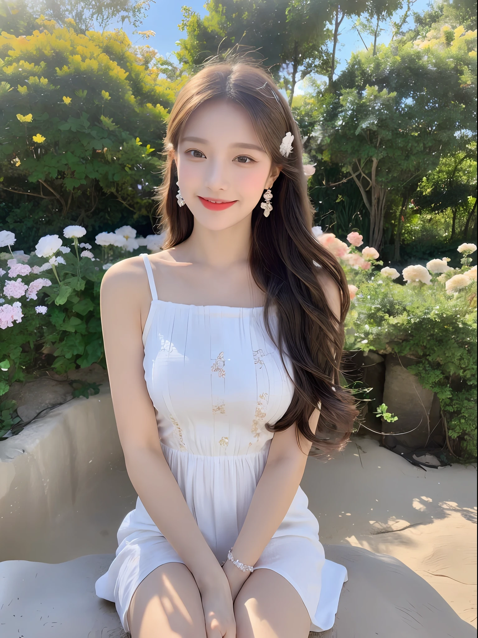 1 girl, hairpins, earrings, jewelry, brown hair, looking at the audience, lips, playful, sitting in front of the drawing board, painting, thighs, whole body, in a sea of flowers or on the beach, she is wearing a white long dress, slightly sideways face, (coquettish) hands caressing long hair, eyes gentle, smiling, as if admiring the beauty of nature, such a photo will definitely make people feel her beautiful and innocent atmosphere. The tone of the photo can be predominantly natural, biased towards bright and soft, making people feel warm and serene. It seems to be dancing in harmony with its surroundings. Her breath is full of vitality and vitality, as if her whole body is venting the energy of youth. The whole picture is made more vivid by her presence, making people feel endless joy and vitality.