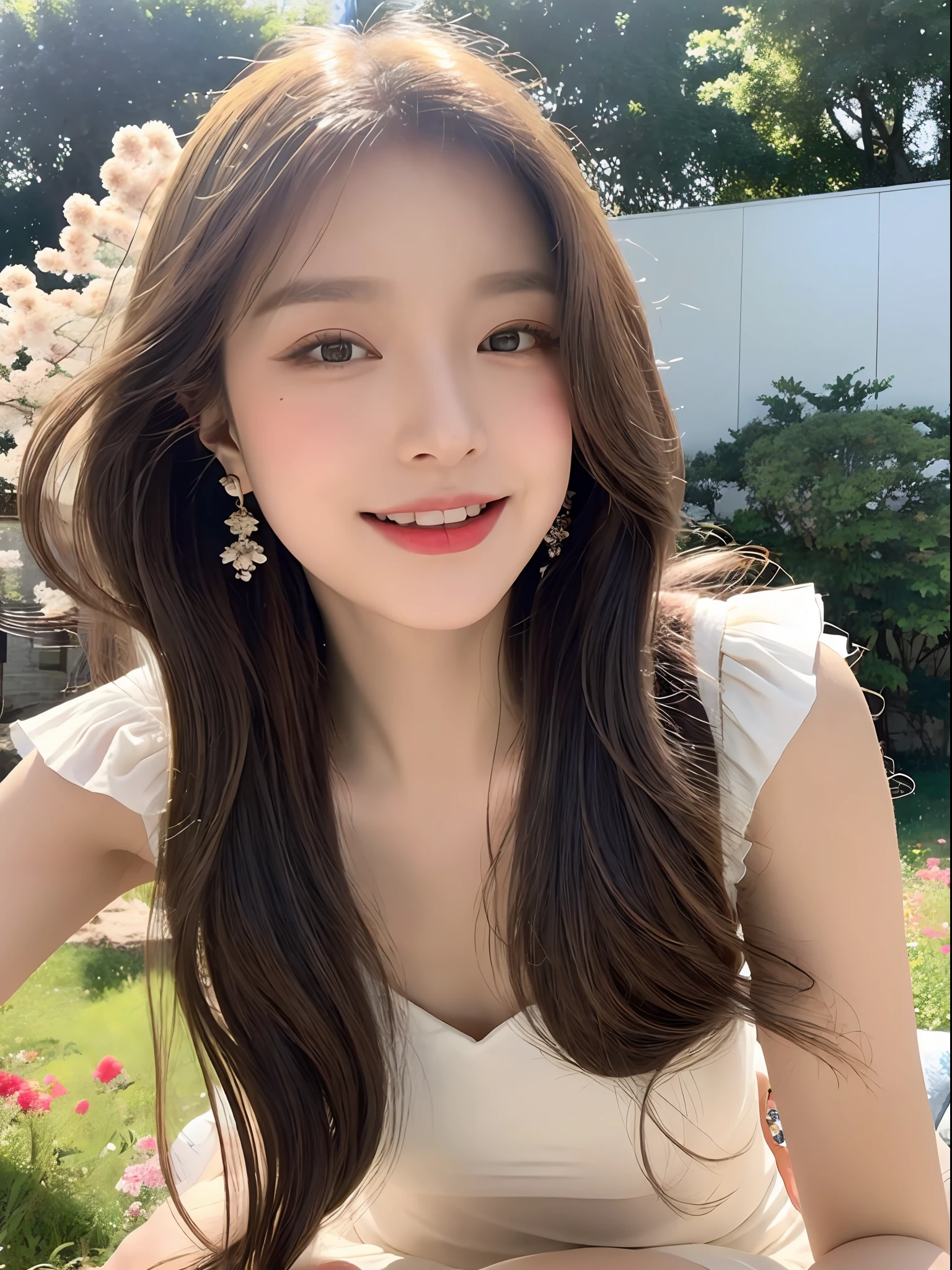 1 girl, hairpins, earrings, jewelry, brown hair, looking at the audience, lips, playful, sitting in front of the drawing board, painting, thighs, whole body, in a sea of flowers or on the beach, she is wearing a white long dress, slightly sideways face, (coquettish) hands caressing long hair, eyes gentle, smiling, as if admiring the beauty of nature, such a photo will definitely make people feel her beautiful and innocent atmosphere. The tone of the photo can be predominantly natural, biased towards bright and soft, making people feel warm and serene. It seems to be dancing in harmony with its surroundings. Her breath is full of vitality and vitality, as if her whole body is venting the energy of youth. The whole picture is made more vivid by her presence, making people feel endless joy and vitality.