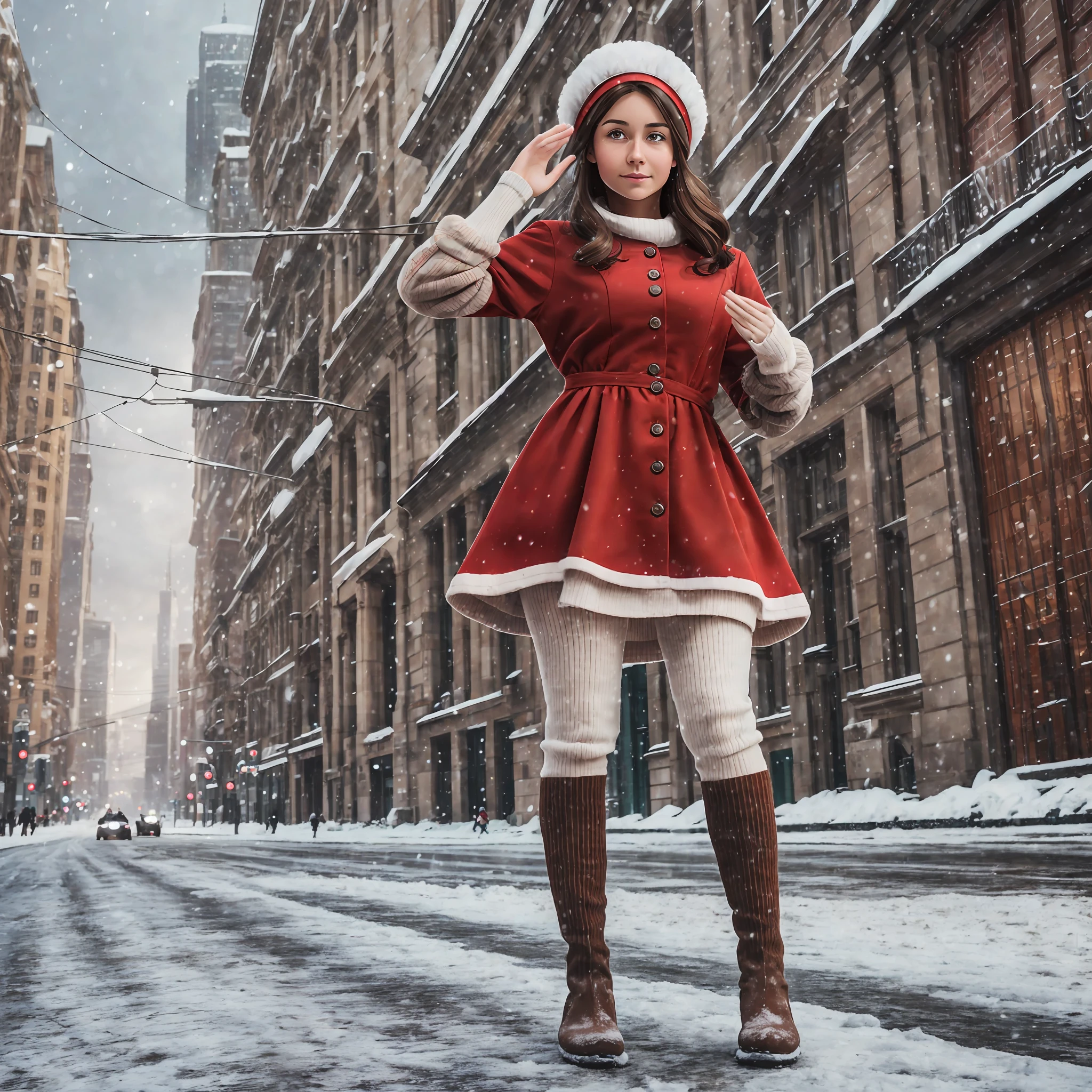 25 years, woman wearing dress with buttons, red dress, snow, no gloves, full body, brown hair, brown eyes, cold, communist woman, making salute, wearing boots, long socks, cold cap, realistic, city in the background --auto --s2