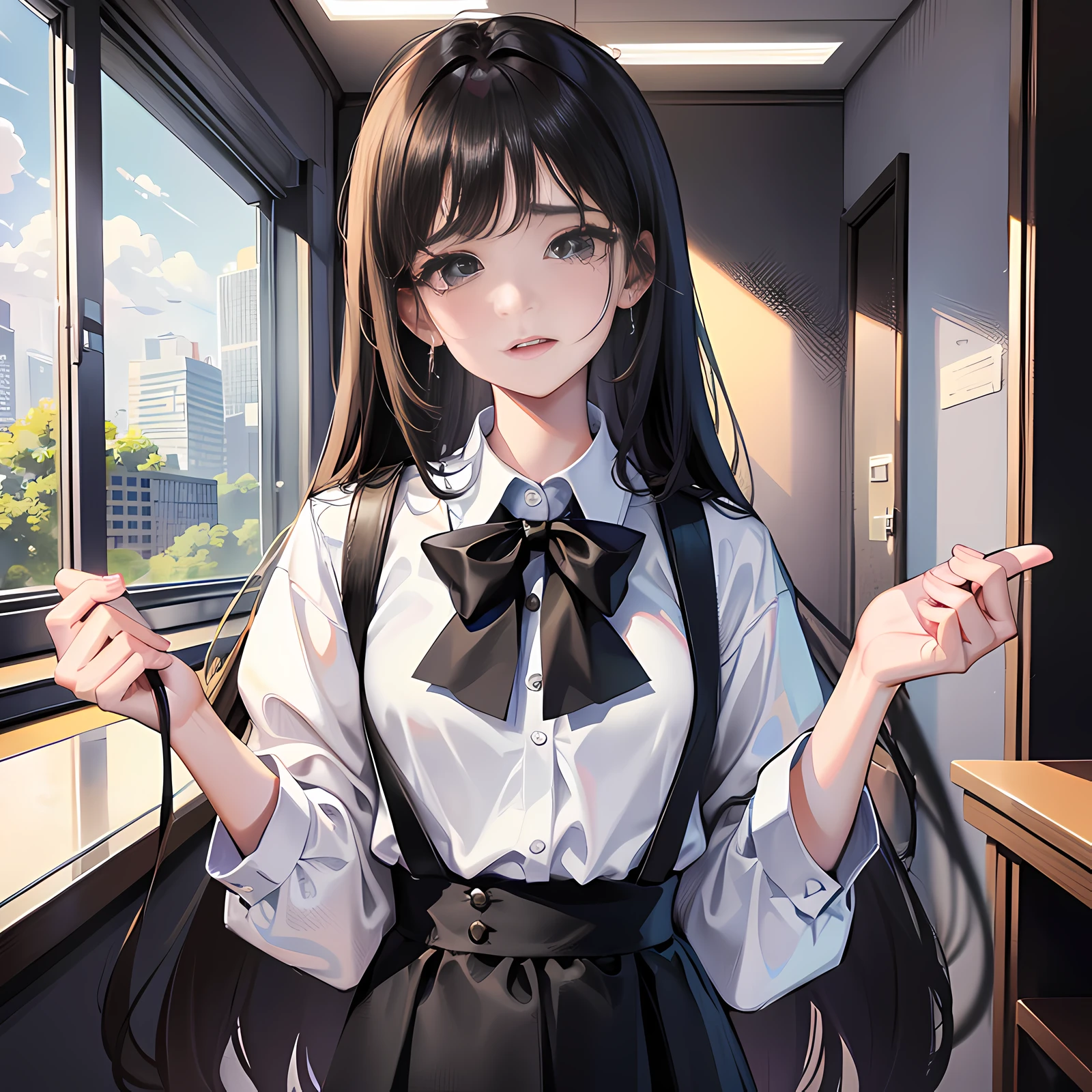 In the principal's office, there is a girl standing up, holding a mobile phone in her hand, aggrieved, crying, tears, talking, long black hair, super detailed, 4k, white, no bow tie,