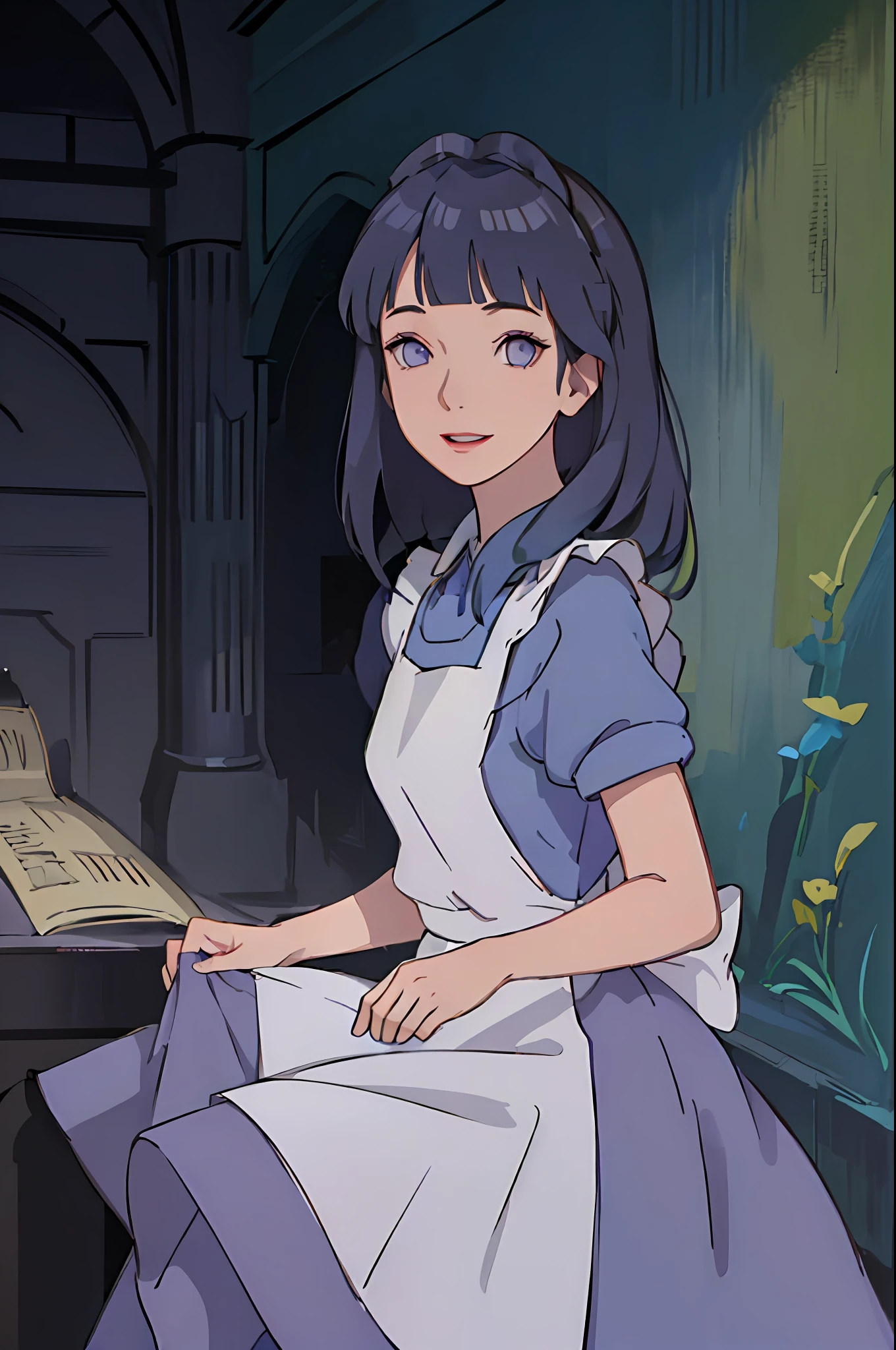 (masterpiece:1.4), (best quality:1.4), (high resolution:1.4), alice liddell, blue dress, white apron, black hairband, smile, looking at viewer, blunt bangs, (dark blue hair:1.3), (purple eyes:1.3), long hair, wavy hair, rabbit, ((wonderland)), hinata/(boruto/), fantasy, castle