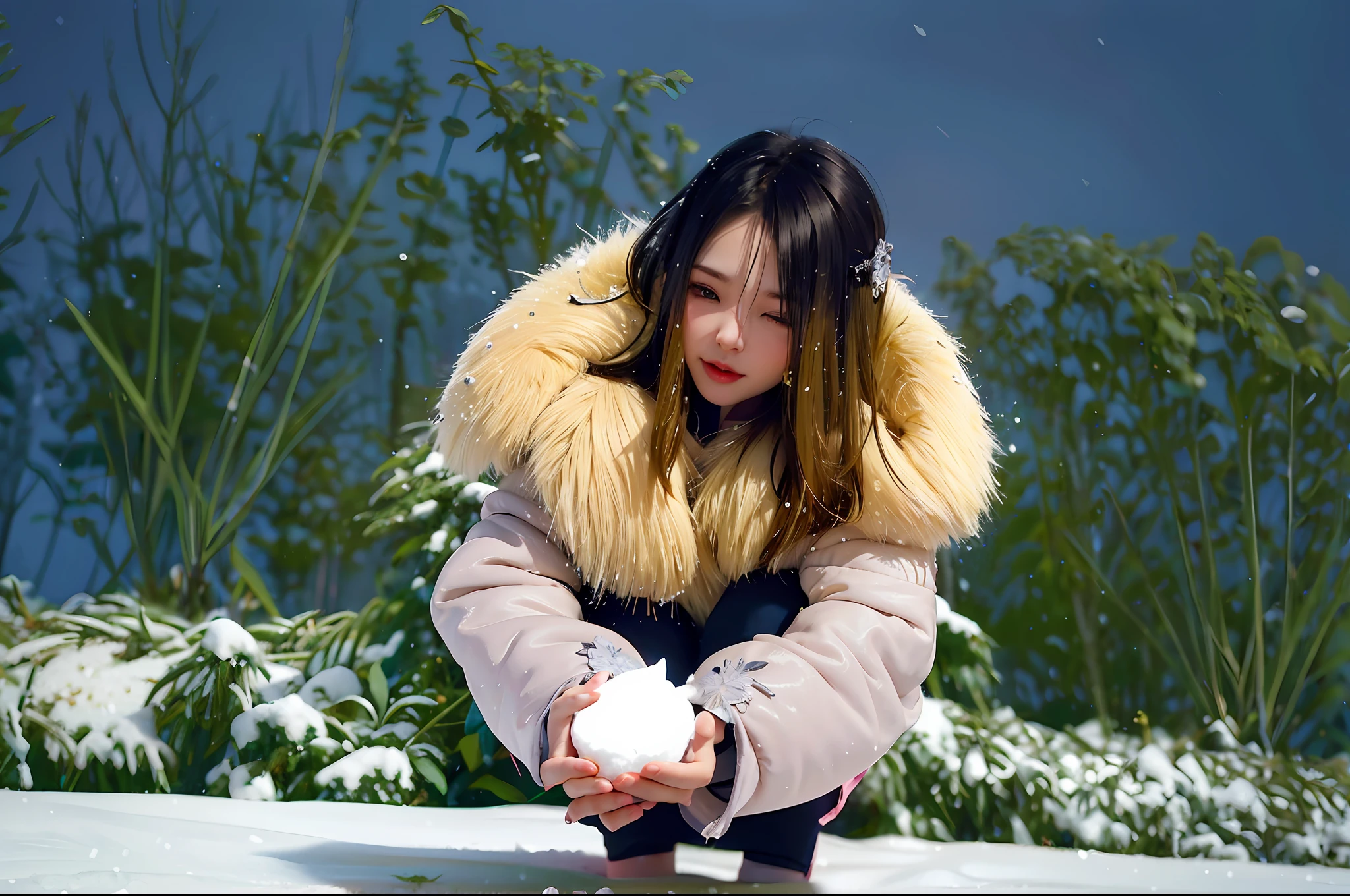 there is a woman kneeling down in the snow holding a snowball, only snow i the background, in the snow, in snow, snowstorm ::5, snow glow, snow on the body, sha xi, with frozen flowers around her, inspired by Liu Haisu, backlit shot girl in parka, inspired by Ma Yuanyu, cold snow outside, cold snowy