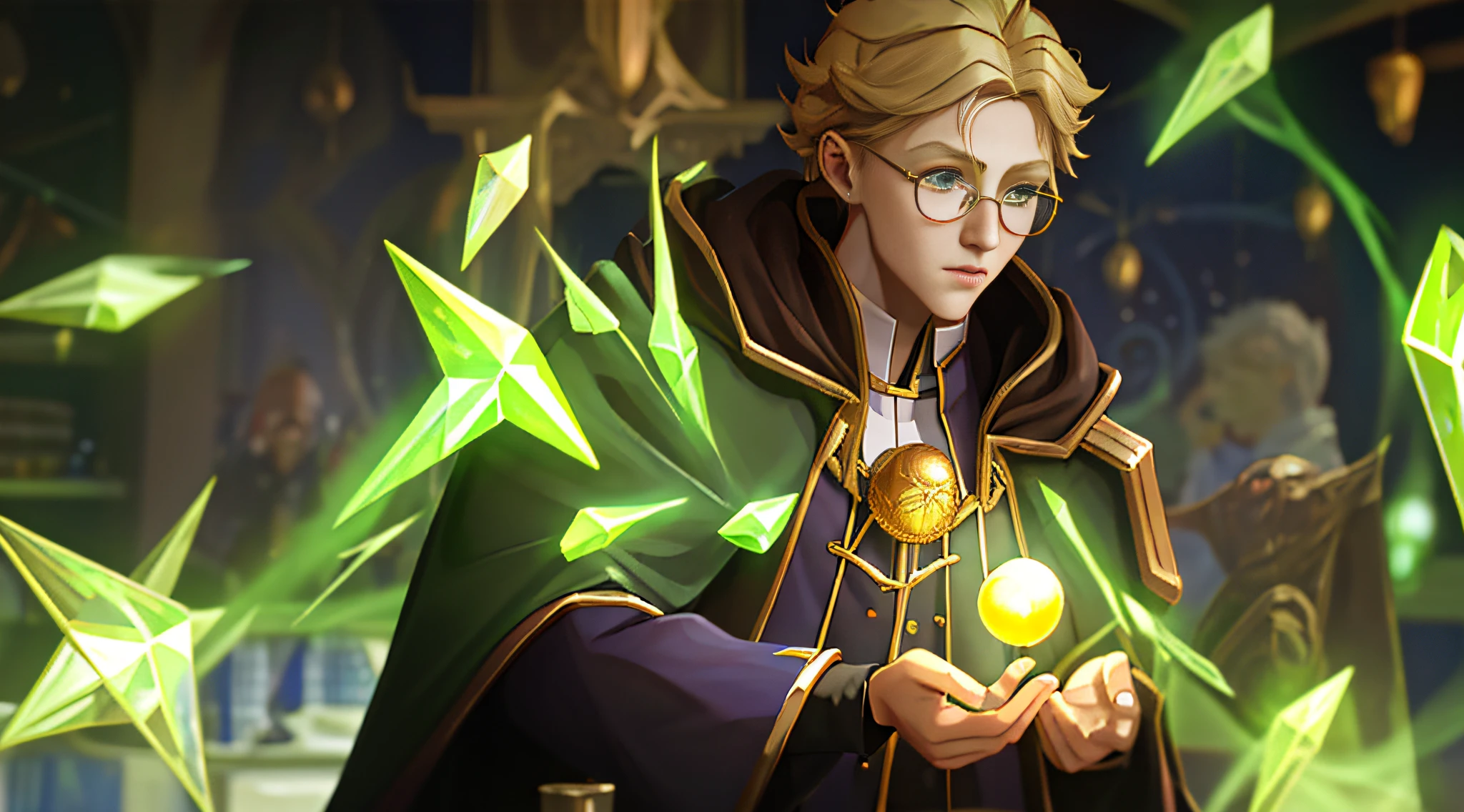 A young wizard, 15 years old, blond haired, green-eyed, shy thin-rimmed glasses, wearing hooded cape, holding a luminous crystal ball, masculine features, tapered face, Caucasian European style, very handsome, perfect anatomy, he is alone in a library, 8k, UHD