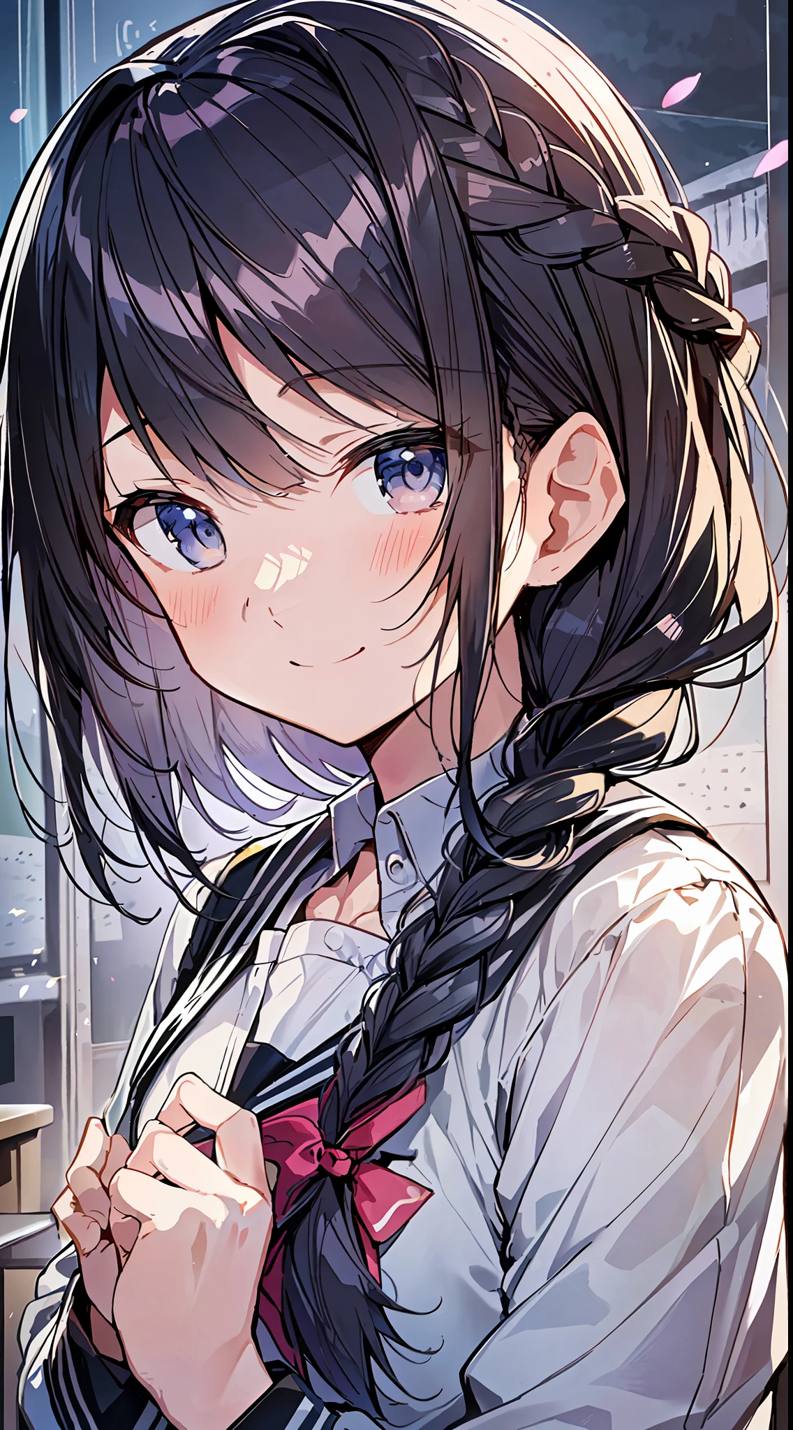 (Incredibly Absurdres Absolutely Resolution: 1.5), Top Quality, Masterpiece, Ultra High Definition, 8k, Early Summer, (School Uniform, Blazer), Shojo Manga Style, , Soft Line Art, Digital Enhancement, Shojo Manga Touch, Shojo Manga Core, (((Hair length to shoulder)))), (((Short braid)) ), soft drawing, fluffy, soft, beautiful black hair, clear eyes, (((gentle smile)), ultra-detailed digital anime art, clear face depiction, ultra-detailed shojo manga character art, clear facial features, manga style, top quality color, delicate, staring at us head-on, hand gestures, angle that can see up to your feet, classroom, entangle, beautiful and aesthetic:1.3、High quality:1.3