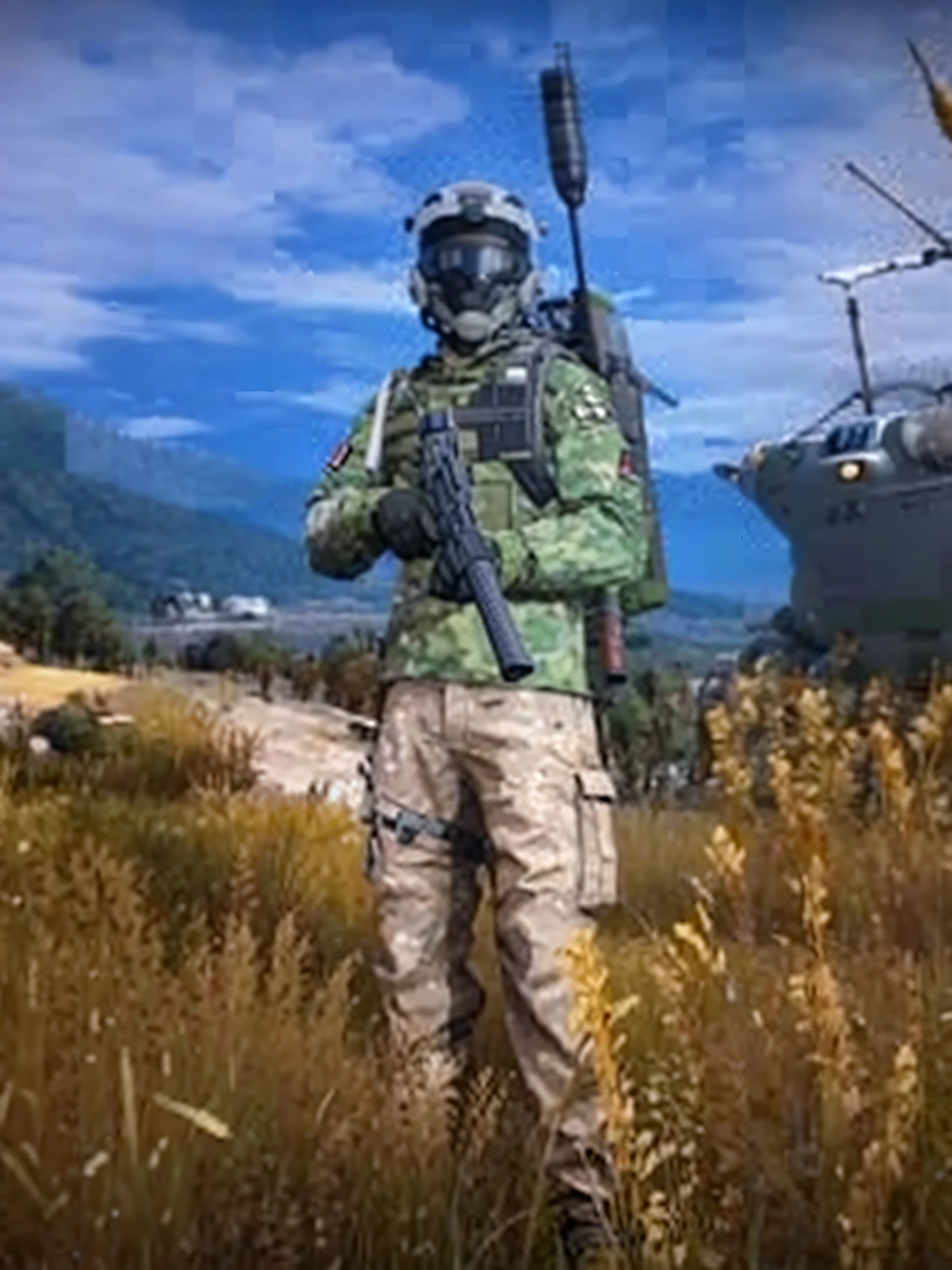 arafed soldier standing in a field with a rifle and a helicopter, fps shooter game, fps game, full soldier clothing, in game, first person shooter, future soldier clothing, 3rd person shooter, mmo, french special ops, very clear picture, in pubg, <mmorpgs scene, ripped up field fatigues, highly detailed epic, soldier outfit --auto --s2