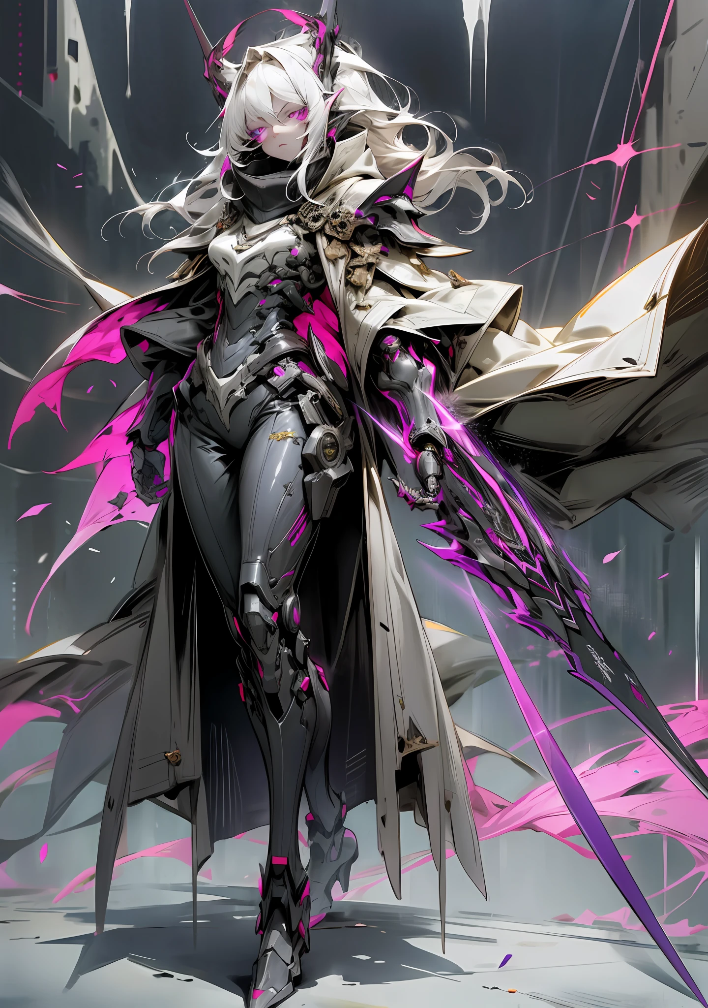 Dark_Fantasy, Cyberpunk, (Black Purple: 1.1), 1 Man, Mechanical Marvel, Robot Presence, Full Body, Armor Dress, White Hair, Long Hair, Shawl, ((Black Coat)), Glowing Eyes, Purple Eyes, Expressionless, Mecha Long Skirt, Holding a Weapon, , Beautiful Necromancer, Dark Cloaked Necromancer, Beautiful Death, Dark Witch Character,