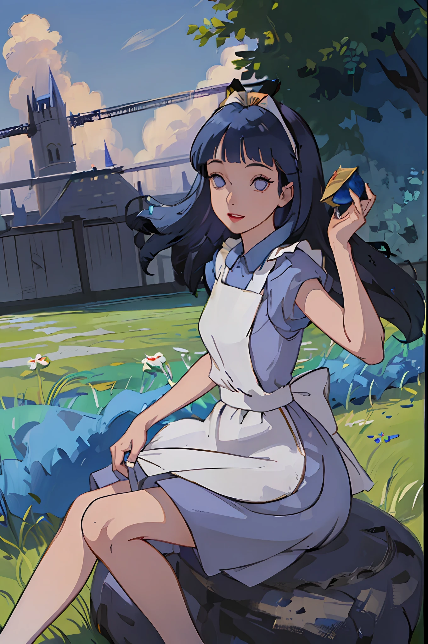 (masterpiece:1.4), (best quality:1.4), (high resolution:1.4), alice liddell, blue dress, white apron, black hairband, smile, looking at viewer, blunt bangs, (dark blue hair:1.3), (purple eyes:1.3), long hair, wavy hair, rabbit, ((wonderland)), hinata/(boruto/), fantasy, castle