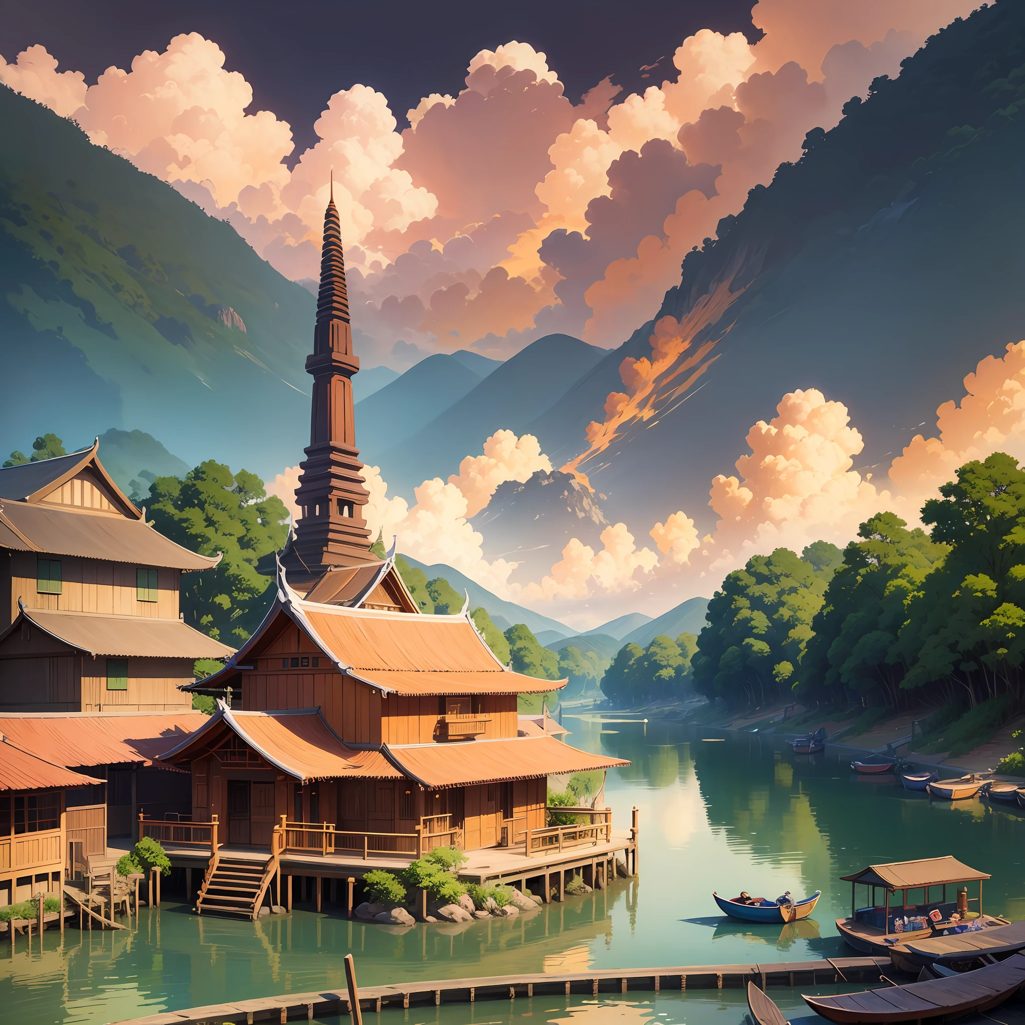 colored pencil Line art sketch, coloring page of a beautiful Traditional Thai Village, canals and rivers, boarts. summer, harsh lighting, vector, stained glass art, trending on Pixiv fan box, palette knife and brush strokes, style of makoto shinkai jamie wyeth James Gilleard edward hopper Greg Rutkowski studio ghibli genshin impact, Very sharp details. --auto --s2