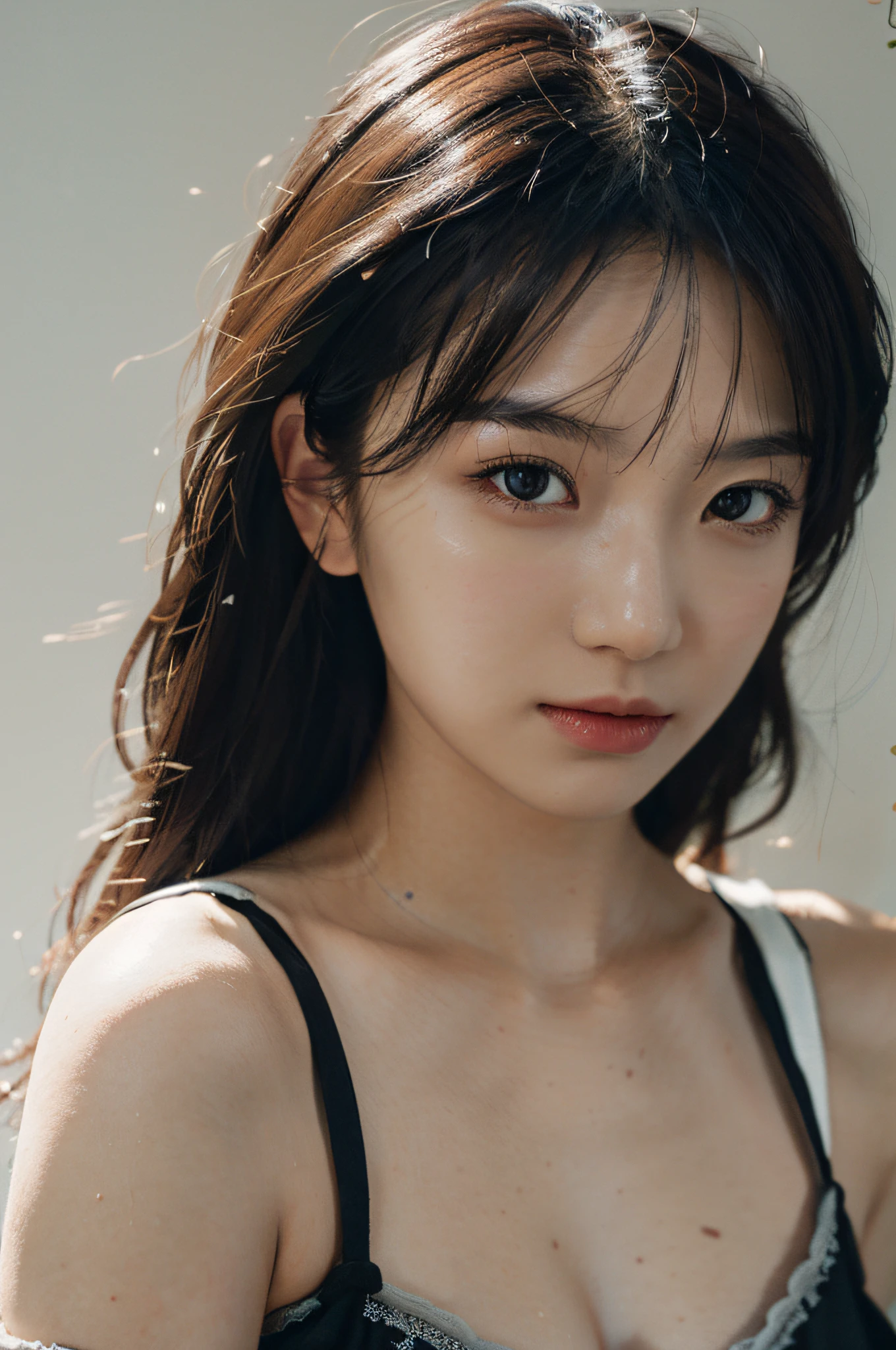 Best Quality, Masterpiece, Ultra High Resolution, (Realistic: 1.4), Original Photo, Official Art, Wallpaper, Bust Photo, Solo, Skin, Simple Background, Black Eyes, Detail, Fingers, 1 Girl, Silk Suspenders, Breeze, Sunlight, Water Mist, Studio Light,