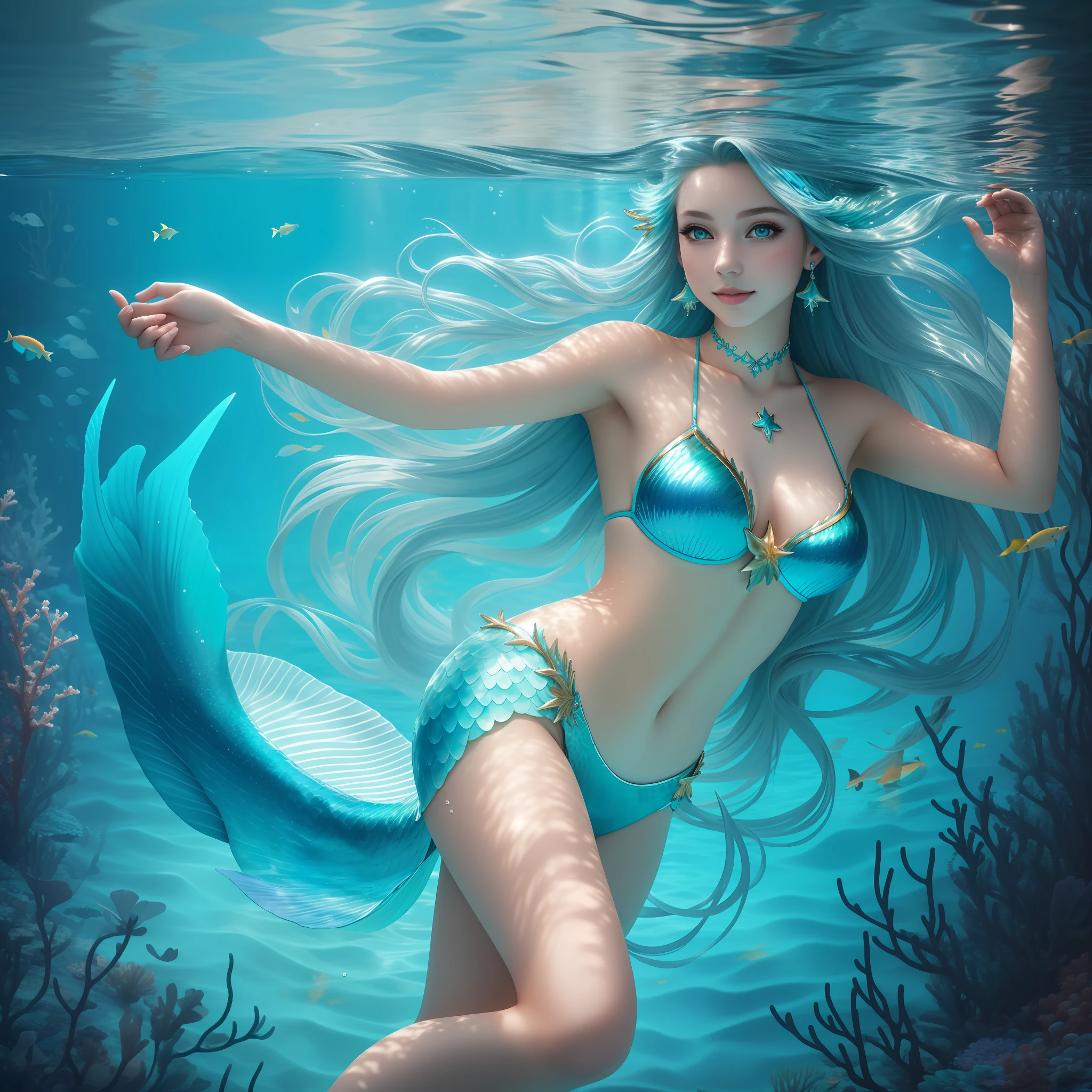 (Masterpiece) 8K resolution, mermaid princess, beauty swimming underwater, beautiful tail fin, holding her hand towards the surface of the water, ash blue long hair with coral decoration, hazel eyes, turquoise eyes, gentle smile, model style, fantasy style,