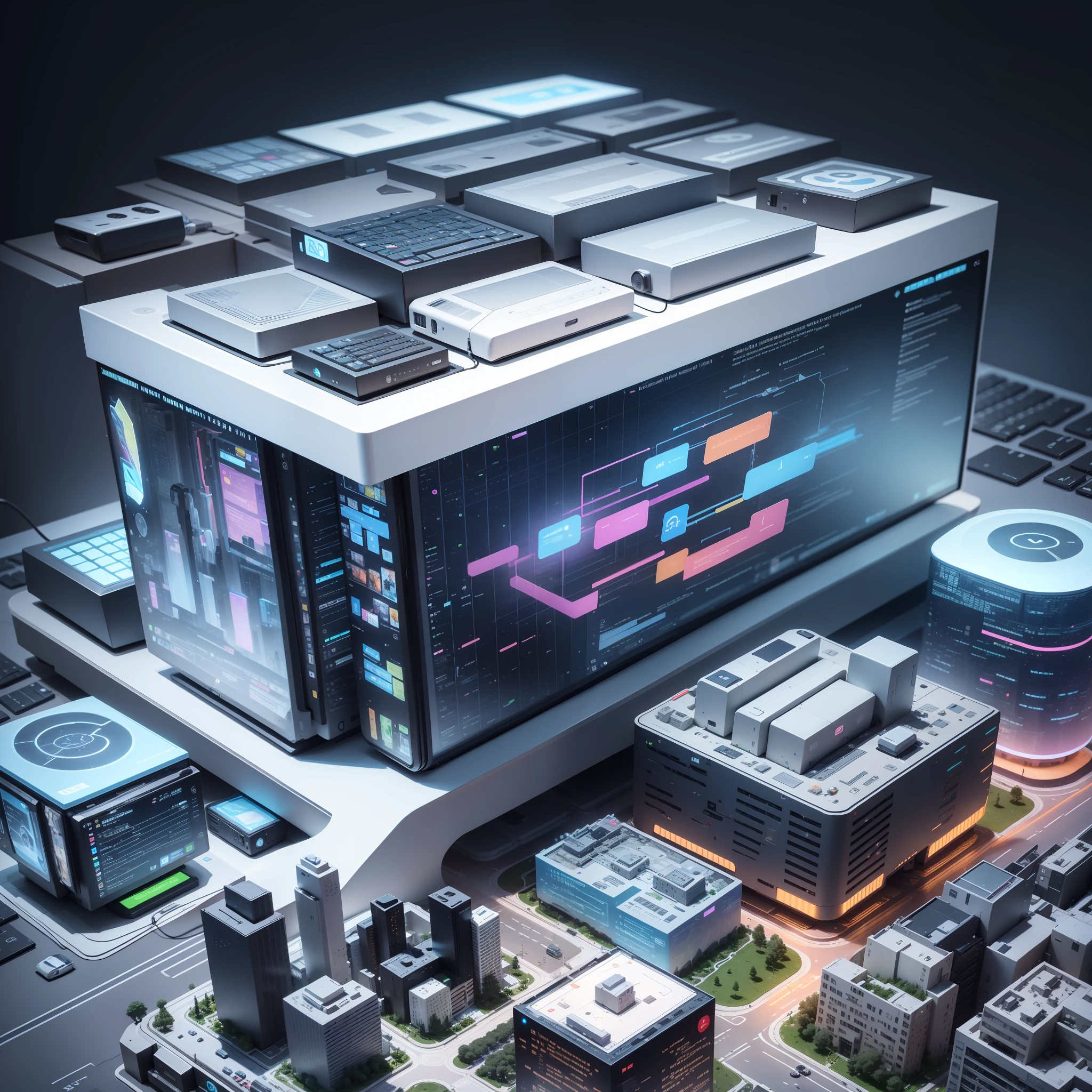 Computer, server, cloud computing, Internet, smart city, (best quality) , blind box toy style, high detail, ray tracing, stereogram, three sided view, 8k, (high details), (high quality), masterpiece, ccurate, ccurate, retina, best quality --auto --s2