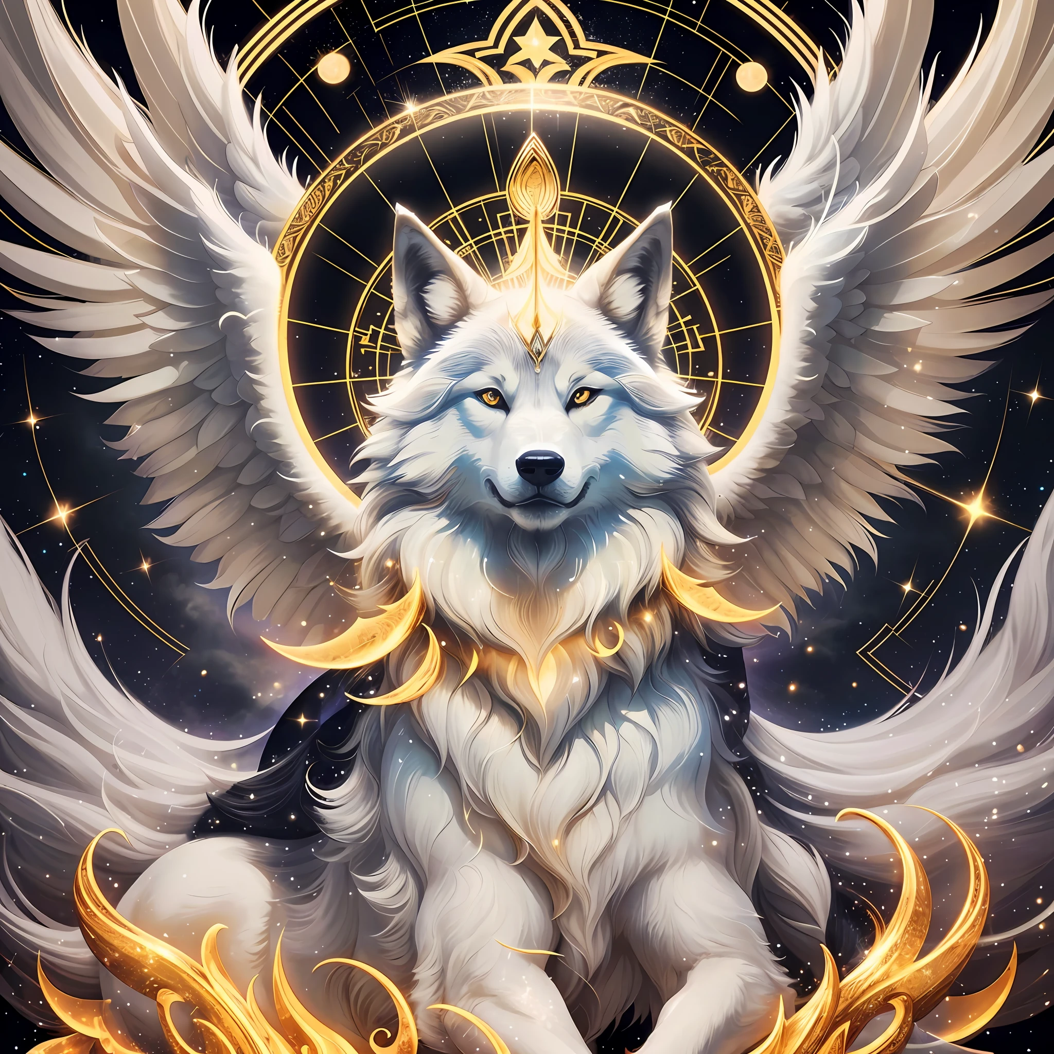 A giant wolf with white fur, with a golden halo on its head, defiantly raising its head to the sky, four angelic wings extend elegantly. On a black background, the silhouette of the wolf is highlighted by the light that surrounds it, giving it a divine aura. Realistic full-length portrait --auto --s2