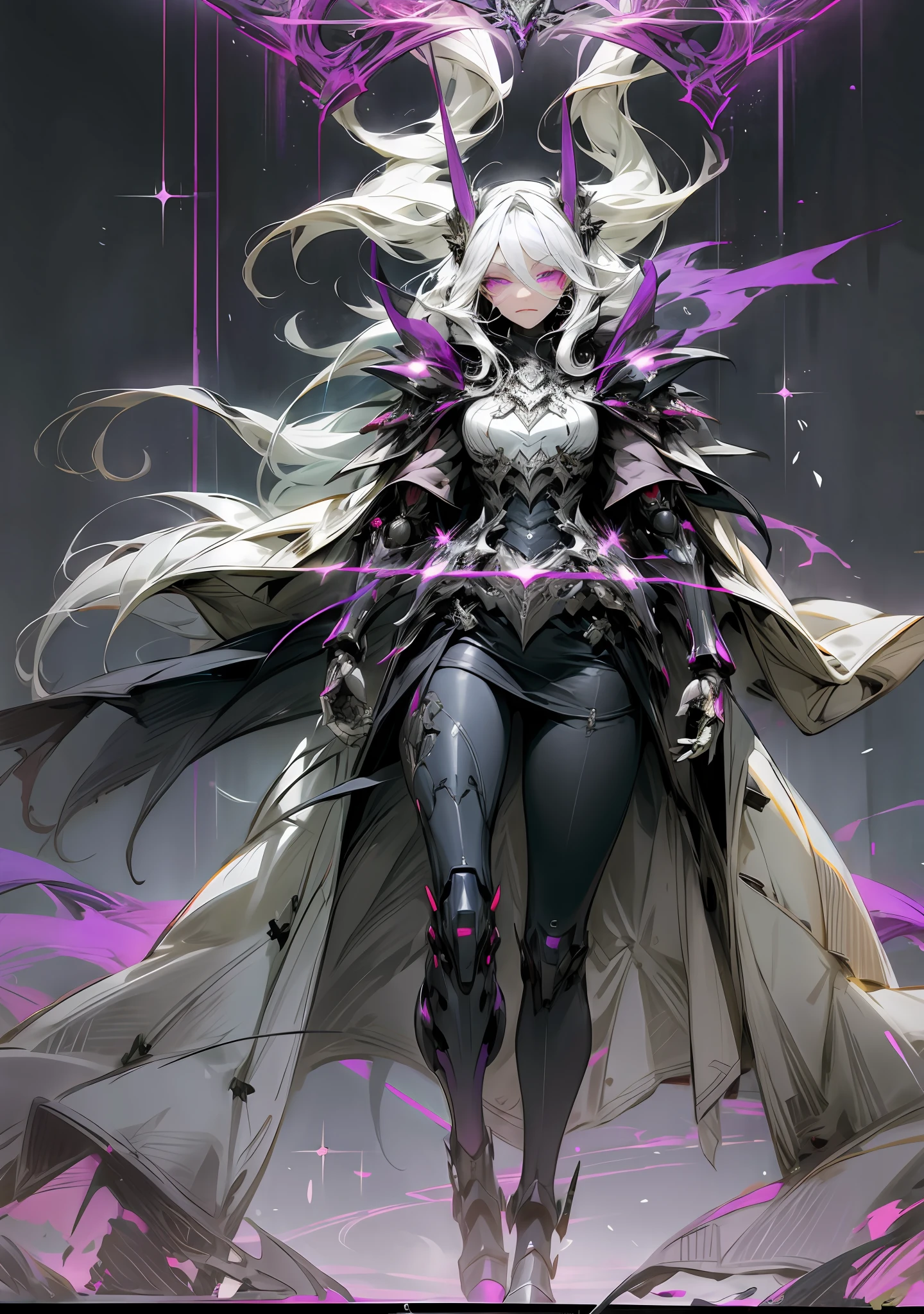 Dark_Fantasy, Cyberpunk, (Black Purple: 1.1), 1 Man, Mechanical Marvel, Robot Presence, Full Body, Armor Dress, White Hair, Long Hair, Shawl, ((Black Coat)), Glowing Eyes, Purple Eyes, Expressionless, Mecha Long Skirt, Holding a Weapon, , Beautiful Necromancer, Dark Cloaked Necromancer, Beautiful Death, Dark Witch Character,