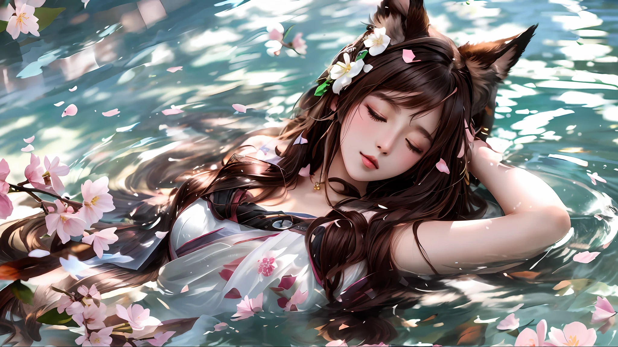 Superb image quality, 8k, masterpiece: 1.3, 1girl, super detailed, inspired by League of Legends Tanuki, cherry blossom, lying in the water, eyes closed, dark brown hair, white powdered clothes