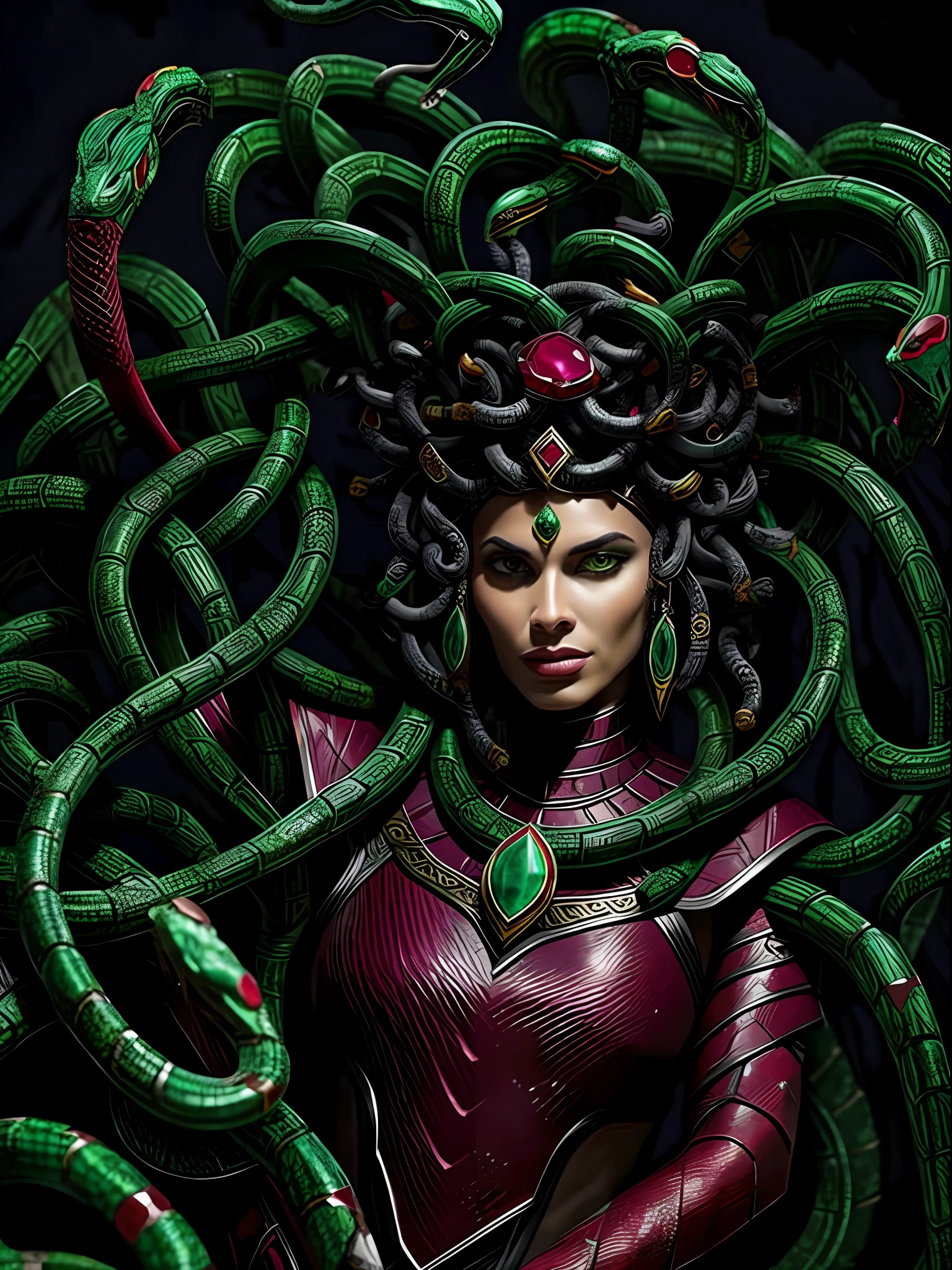 painting,ebony medusa,serpent warrior armor,intricate highly detailed (((ruby and emerald))) ocher (snake skin:1.2),indoors background ,cinematic lighting,((ruby)), ((emerald)),highly detailed fabric