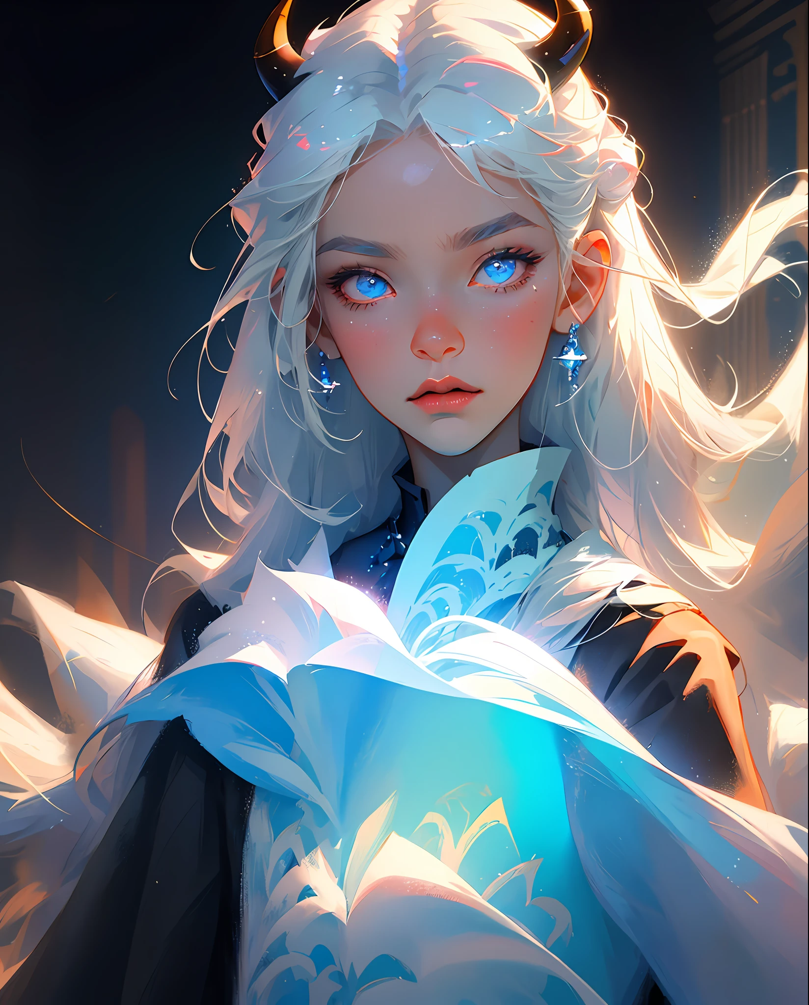 Perfect masterpiece, highest quality, perfect work of art, 8K, illustration, soft pale blue fur, white hair, black pupils, ghost horns, 2 horns, blue eyes, (boy, male, juvenile), bust photograph, gaze at the viewer.