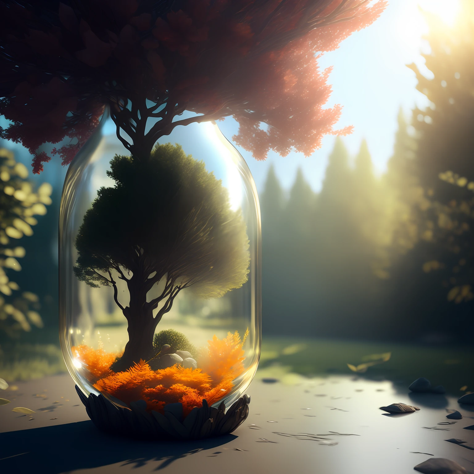 dreamlikeart tree in a bottle, fluffy, realistic, photo, canon, dreamlike, art, colorfull leaves and branches with flowers on top of its head. hyperdetailed photorealism by greg rutkowski - h 1024 w 804 | f 1 6 lens mark 2:2 s 3555 mm film grain :1 lifelike high res sharp focus contrast!! intricate detailed atmospheric light refraction lighting unreal engine 5 cinematic concept photography masterpiece octane render trending at cgsociety rendered as