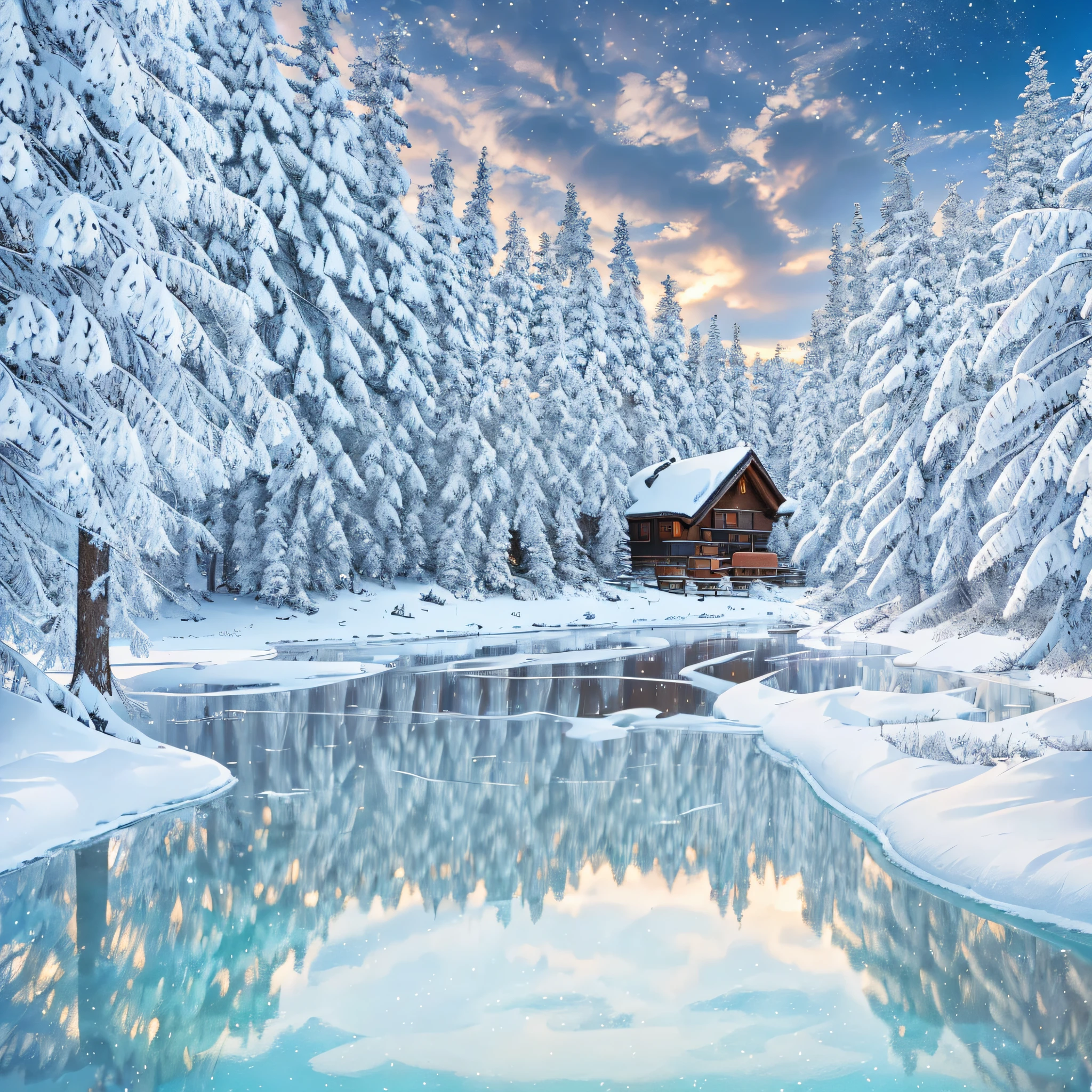 Capture the serene beauty of a winter wonderland with an exquisite hyper-realistic photograph. Frame the scene with a majestic hunting lodge nestled amidst pristine snow-covered surroundings. The lodge stands proudly in front of a glistening frozen lake, reflecting the winter sky. Every intricate detail of the lodge, from its rustic wooden architecture to the delicate snow-laden branches, should be brought to life with stunning clarity. Ensure the image is of high-definition 8K quality, allowing viewers to immerse themselves in the breathtaking winter landscape. --auto --s2