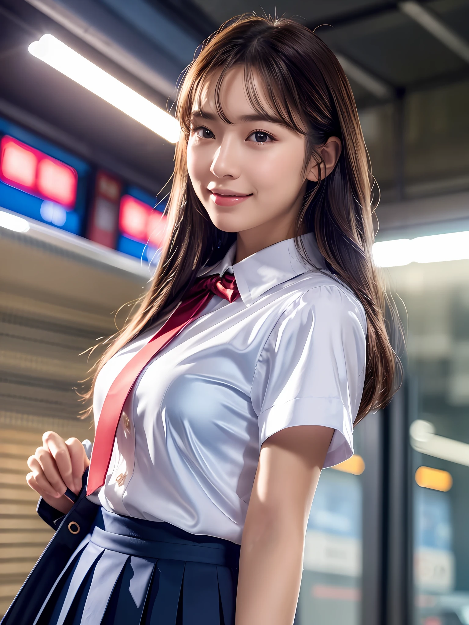 masterpiece, upper body shot, front view, sunset, 1 woman per 1 photo, a Japanese young pretty woman, hyper pretty face, 18 years old, waiting a train at a plat home of a big station with carrying a tote bag on her shoulder, big smile, glamorous figure, wearing a short sleeves silky white collared shirt with shiny satin red plain bow tie, wearing a navy blue pleated long skirt, glossy lips, double eyelids in both eyes, natural makeup, long eyelashes, shiny smooth light brown hair of medium length, asymmetrical bangs, tanned skin, wearing a dark blue pleated skirt, head in the frame, central image, 8K resolution, high detail, detailed hairstyle, Detailed Face, spectacular cinematic lighting, octane rendering, vibrant, hyper realistic, perfect limbs, perfect anatomy