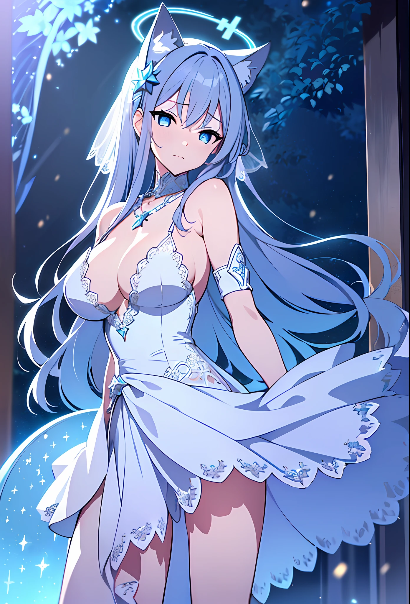 (sunaookami shiroko:1.2), {{{{masterpiece, extremely detailed, intricate details, soft focus, 8K, highres, depth of field, absurdres, high quality facial shadowing, dynamic shadowing, extreme shaders, cinematic lighting, perfect lighting, soft lighting, hazy lighting, blurry foreground, lens flare}}}}, best quality, asian qualities, {front view}, (solo:1.2), (beautiful young girl:1.3), high school girl, {{{extremely detailed girl, perfect ???????, perfect body}}}, (detailed neon angel halo:1.4), bright blue double halo, (beautiful-detailed hair:1.3), dark silver hair, luscious curly hair, (hair splayed out:1.2), beautiful-detailed facial structure, detailed beautiful face:1.3, ???? face, cute face, slender facial structure, (detailed face:1.33), (beautiful-detailed eyes:0.7), big eyes, (detailed eyes:1.2), glowing bright blue eyes, cat eyes, silver cat ears, (detailed ?????:1.3), small size ?????, (detailed facial expression:1.1), shy, slightly open mouth, detailed red blush, shy hand gesture, (slim waist:1.1), (slim legs:1.1), (detailed hair ornament:1.3), (white angel side hair ornament:1.3), (detailed necklace:1.2), (glowing blue simple plain necklace:1.3), (detailed wedding dress:1.3), (waterfall dress:1.3), beautiful-detailed pure white halter wedding dress, (????????? dress:1.3), (detailed high-strapped high heels:1.4), beautiful-detailed white high heels, winter night, (enhanced background:1.4), snow falling at midnight with clear skies overhead, snow on sidewalks with Christmas lights on tree's surrounded the viewer, (full body shot:1.1), hazy photo, (warm photo:1.3)