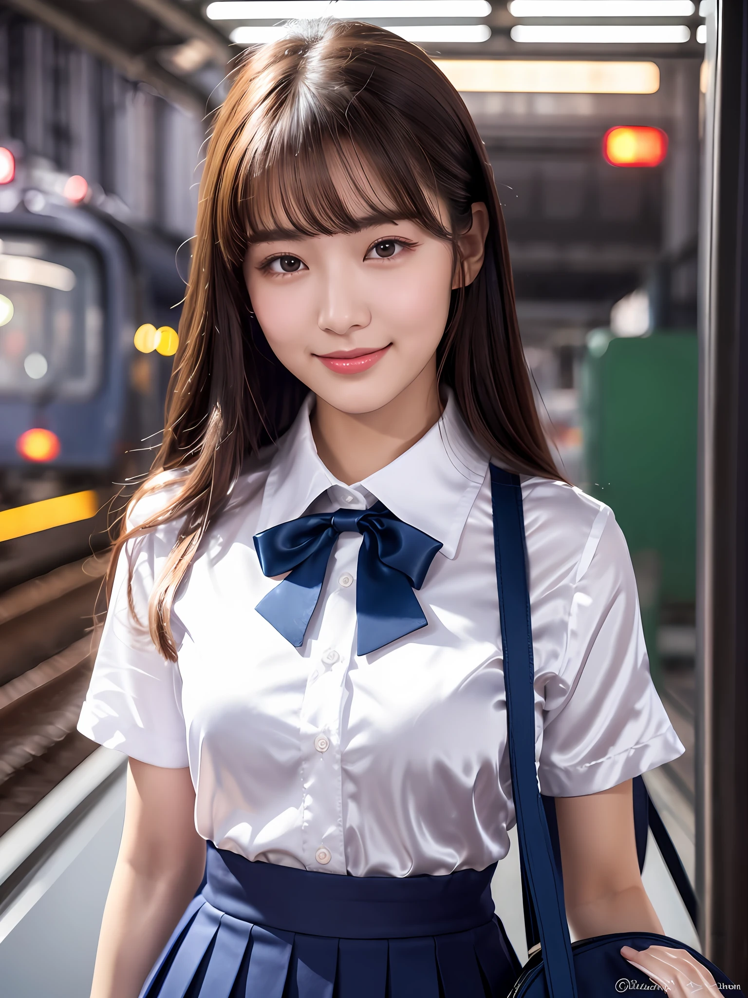 masterpiece, upper body shot, front view, sunset, 1 woman per 1 photo, a Japanese young pretty woman, hyper pretty face, 18 years old, waiting a train at a plat home of a big station with carrying a tote bag on her shoulder, staring her smartphone with a big smile, glamorous figure, wearing a short sleeves silky white collared shirt with shiny satin red plain bow tie, wearing a navy blue pleated long skirt, glossy lips, double eyelids in both eyes, natural makeup, long eyelashes, shiny smooth light brown hair of medium length, asymmetrical bangs, tanned skin, wearing a dark blue pleated skirt, head in the frame, central image, 8K resolution, high detail, detailed hairstyle, Detailed Face, spectacular cinematic lighting, octane rendering, vibrant, hyper realistic, perfect limbs, perfect anatomy