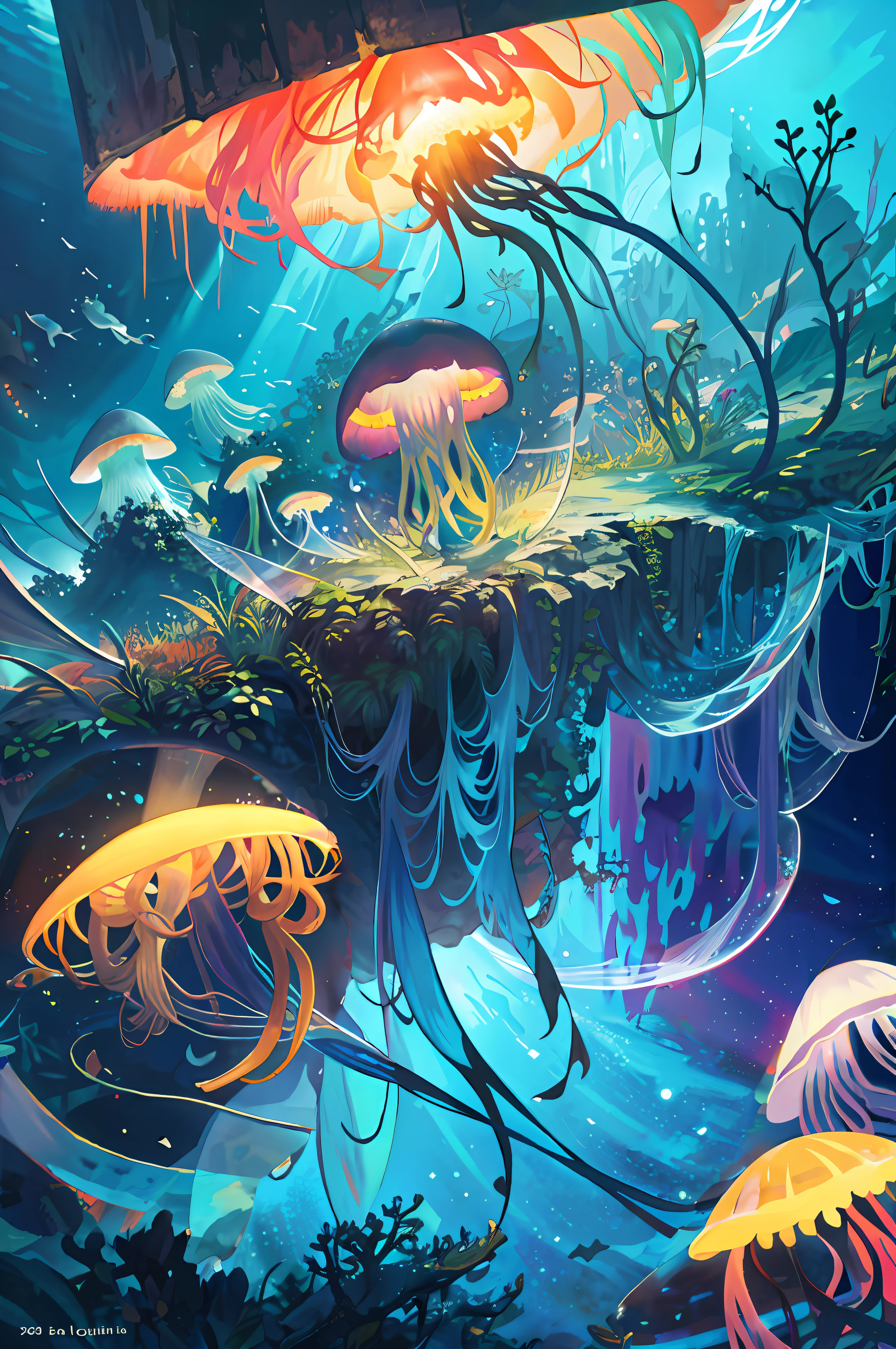 Blue transparent jellyfish, with details and layers