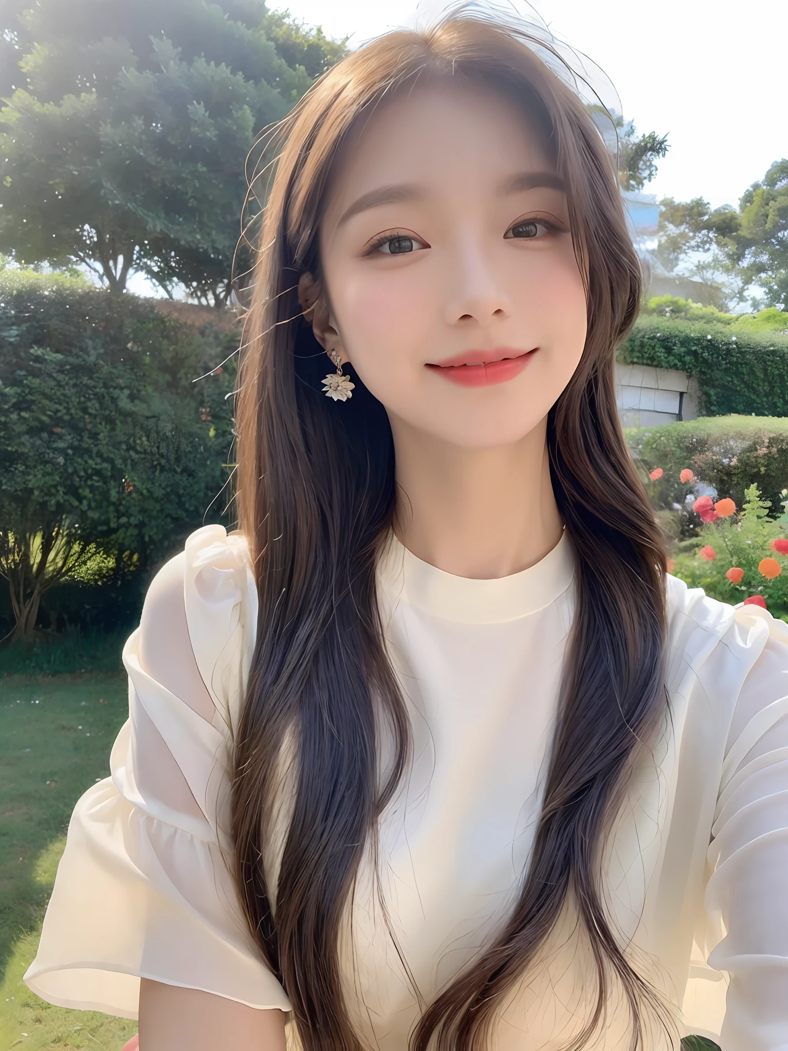 1 girl, hairpins, earrings, jewelry, brown hair, looking at the audience, lips, playful, (natural smile, detailed face), thighs, whole body, in a sea of flowers or on the beach, she is wearing a white long dress, slightly sideways, (coquettish) hands caressing long hair, gentle eyes, smiling, as if admiring the beauty of nature, such a photo will definitely make people feel her beautiful and innocent breath. The tone of the photo can be predominantly natural, biased towards bright and soft, making people feel warm and serene. It seems to be dancing in harmony with its surroundings. Her breath is full of vitality and vitality, as if her whole body is venting the energy of youth. The whole picture is made more vivid by her presence, making people feel endless joy and vitality.