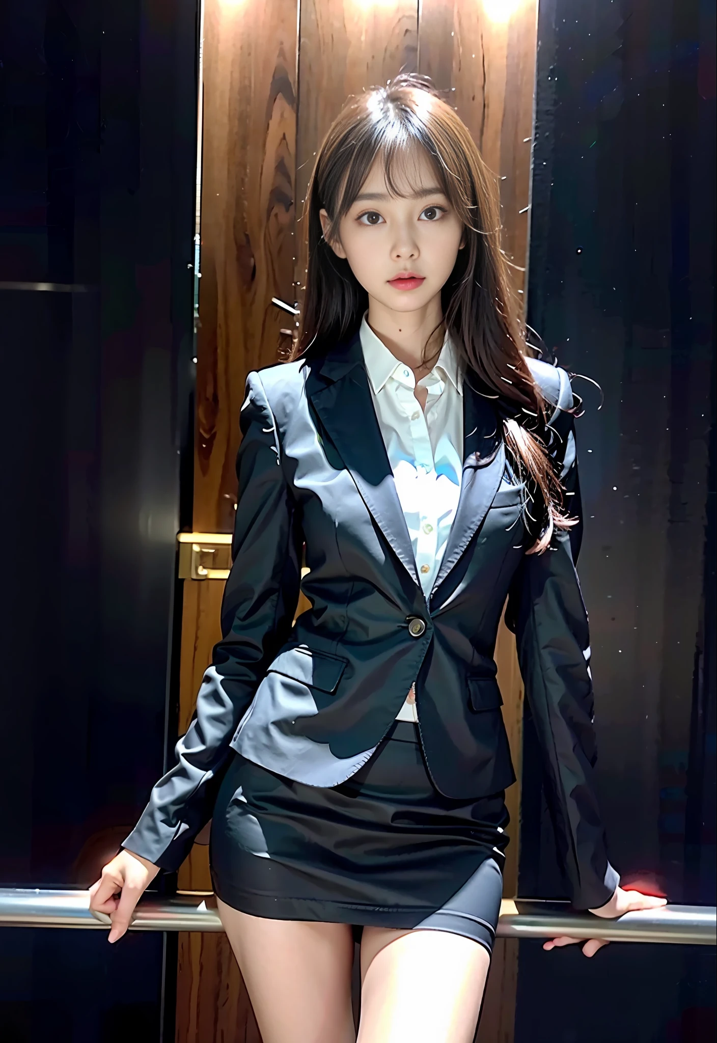 1 Girl, (Watch Viewer), (Bokeh: 1.1), Parted Lips, Expressionless, Realistic, Black Tight Mini Skirt,
business suit, OL, thin thighs, small buttocks, beautiful legs, delicate, Japan fashion model, thin face,
Best quality, (photorealistic: 1.4), ultra high resolution, big mini skirt, black suit and tie woman, suit girl, suit girl, strict business suit wearing, business suit wearing, business suit wearing, black business suit wearing, Japan woman fashion model, black business suit wearing, fashion suit wearing black suit wearing black noble suit, Business suit wearing, black slim clothes, woman posing for photo, beautiful Japan girl face, asian beautiful face, young cute one asian face, beautiful asian girl, girl cute little face, beautiful young korean woman, Japan facial features, young adorable korean face, gorgeous young korean woman, young asian girl, beautiful korean woman, Beautiful asian young woman, standing facing forward, composition visible from above knees to head, knees visible, camera gaze, standing, full body shot, hyperrealistic, front shot full body, bare feet, (face only LoRA applied, bare feet)