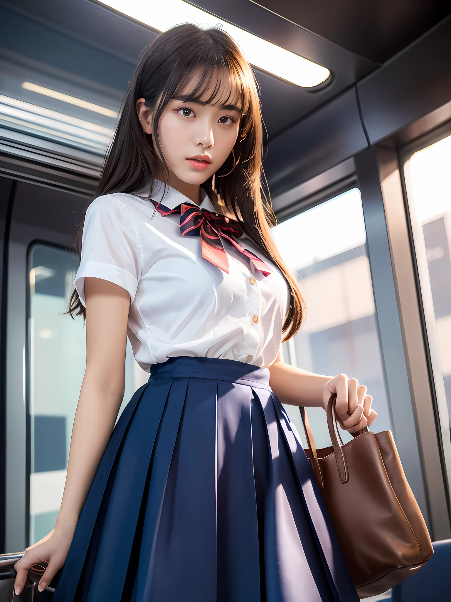 masterpiece, upper body shot, front view, sunset, 1 woman per 1 photo, a Japanese young pretty woman, hyper pretty face, 18 years old, holding a strap on the train with carrying a tote bag on her shoulder, staring at a city view, glamorous figure, wearing a short sleeves silky white collared shirt with shiny satin red plain bow tie, wearing a navy blue pleated long skirt, glossy lips, double eyelids in both eyes, natural makeup, long eyelashes, shiny smooth light brown hair of medium length, asymmetrical bangs, tanned skin, wearing a dark blue pleated skirt, head in the frame, central image, 8K resolution, high detail, detailed hairstyle, Detailed Face, spectacular cinematic lighting, octane rendering, vibrant, hyper realistic, perfect limbs, perfect anatomy