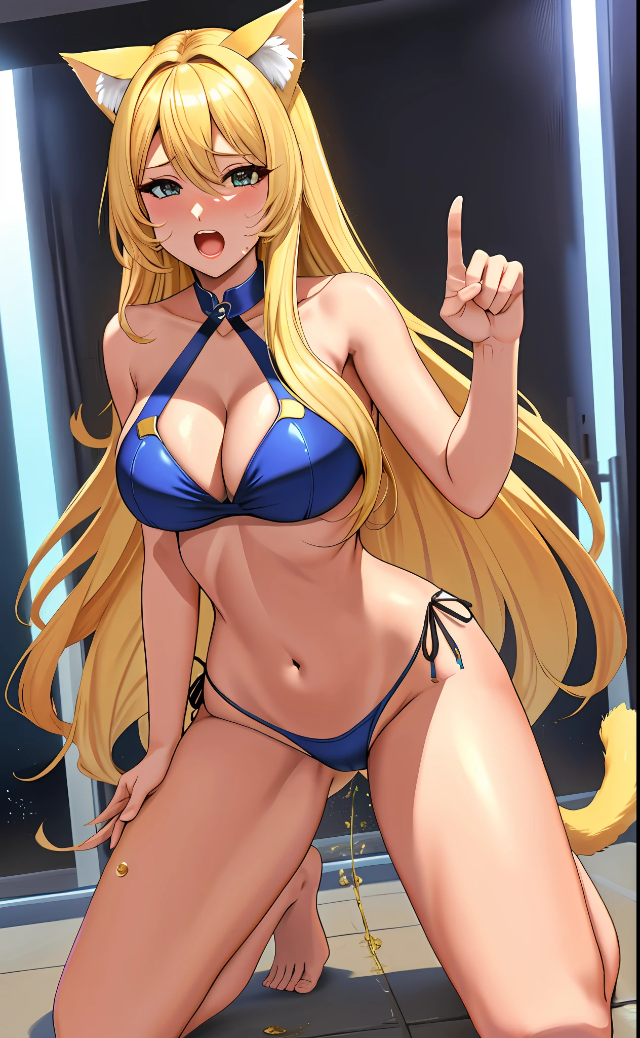 Baby face Big tits Neat and clean Blonde Long hair Beautiful girl Swimsuit Very thin beautiful legs 8K image quality Sexy body shape Fainting eyes Screaming with wide open mouth Anyway big boobs Gesture of thrusting hips forward With cat ears and tail Provoking Genitals visible Pervert Exhibitionism Temptation Urination Heavy urine Excited Kneel down and urinate with your hips forward