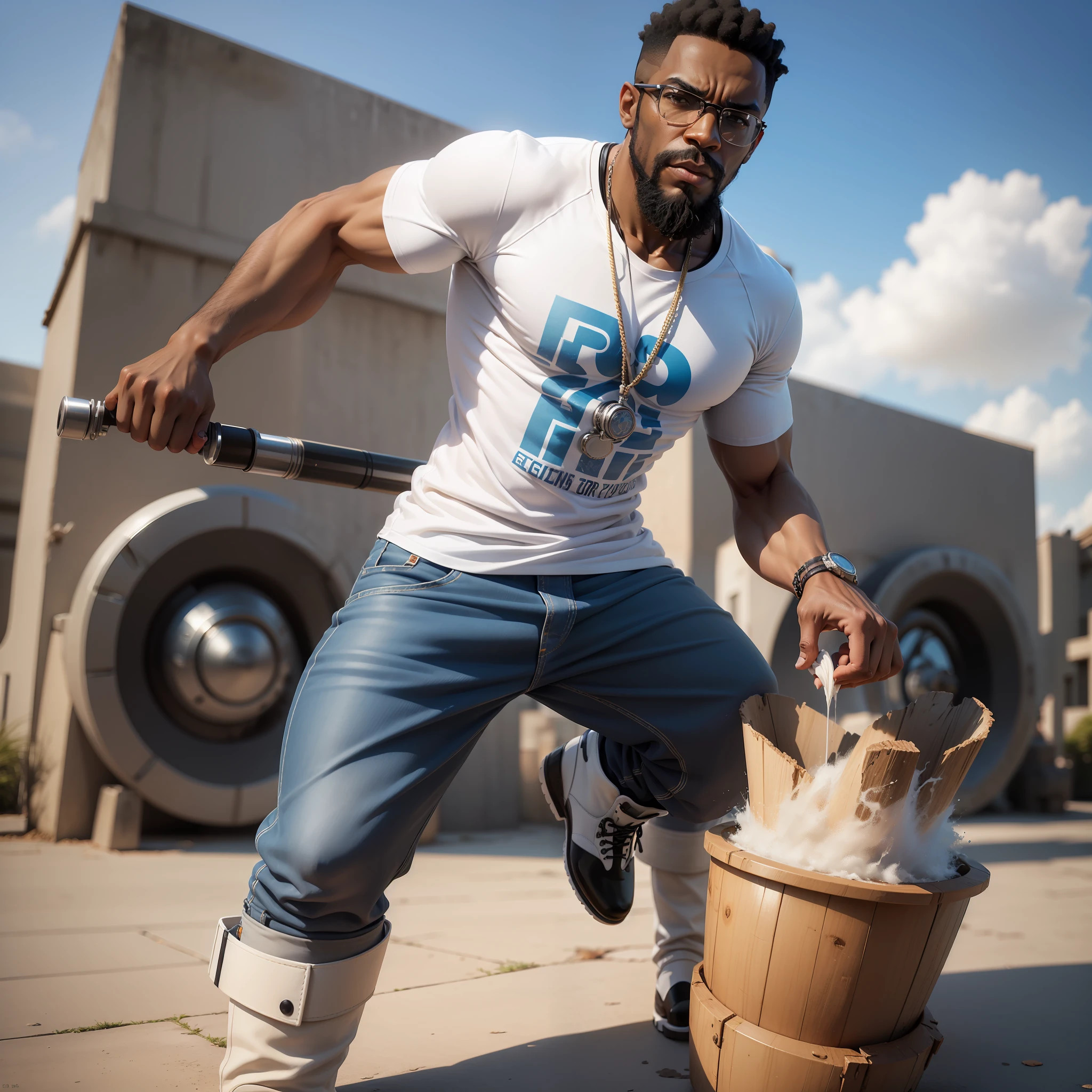 ((3D, best quality: 1.3)), ultra-detailed, SK, ((((solo))), full body, (standing) (((1man of 45 years))) ((African American)), wearing casual, Hip Hop fashion, white T-shirt, (((boot))), (((short black hair)))), (well-defined symmetrical face ((with stylo beard)), bad expression), autumn, summer, warm and soft dark luminosity, motion blur, magnificent blue sky,